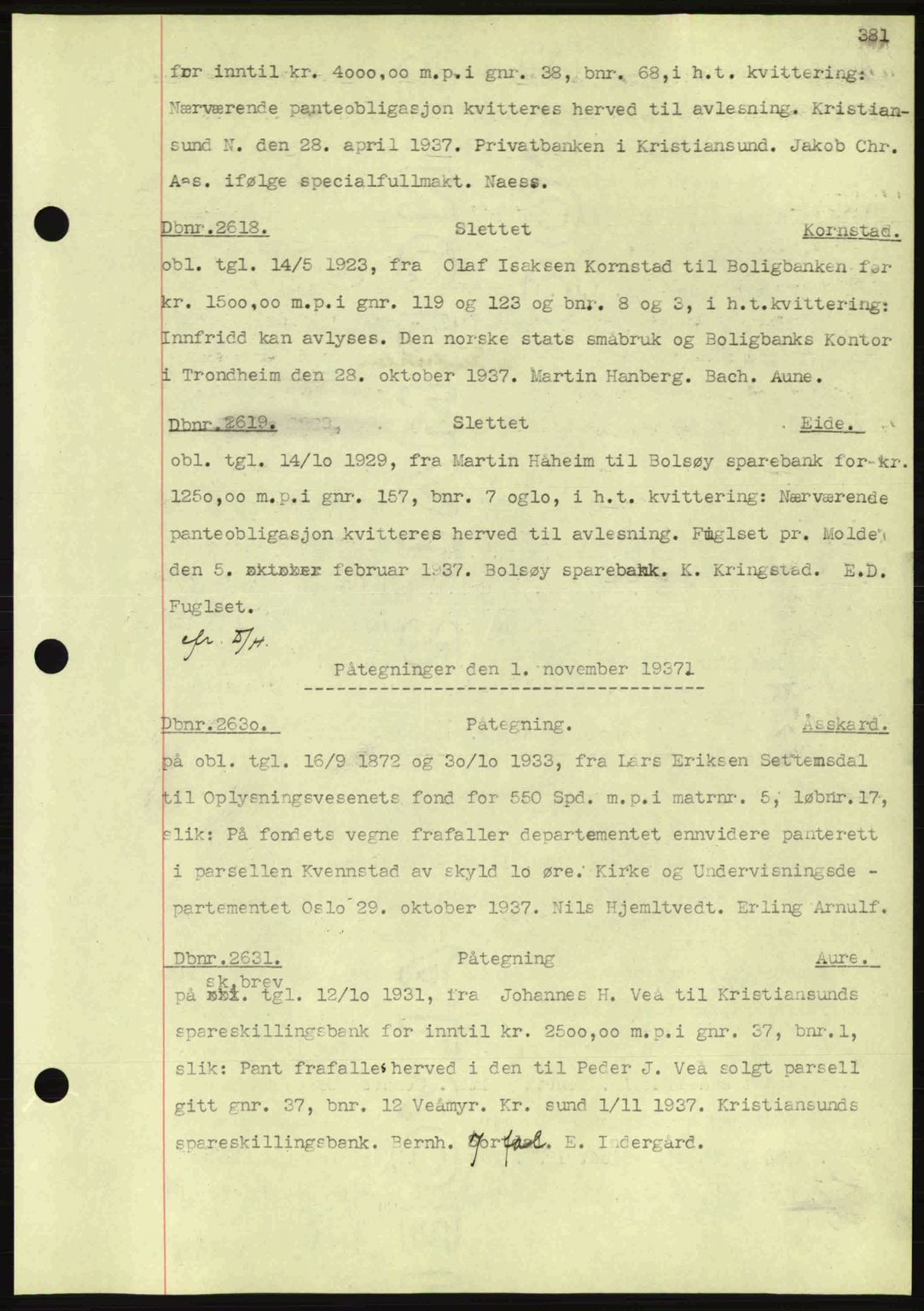 Nordmøre sorenskriveri, SAT/A-4132/1/2/2Ca: Pantebok nr. C80, 1936-1939, Dagboknr: 2618/1937