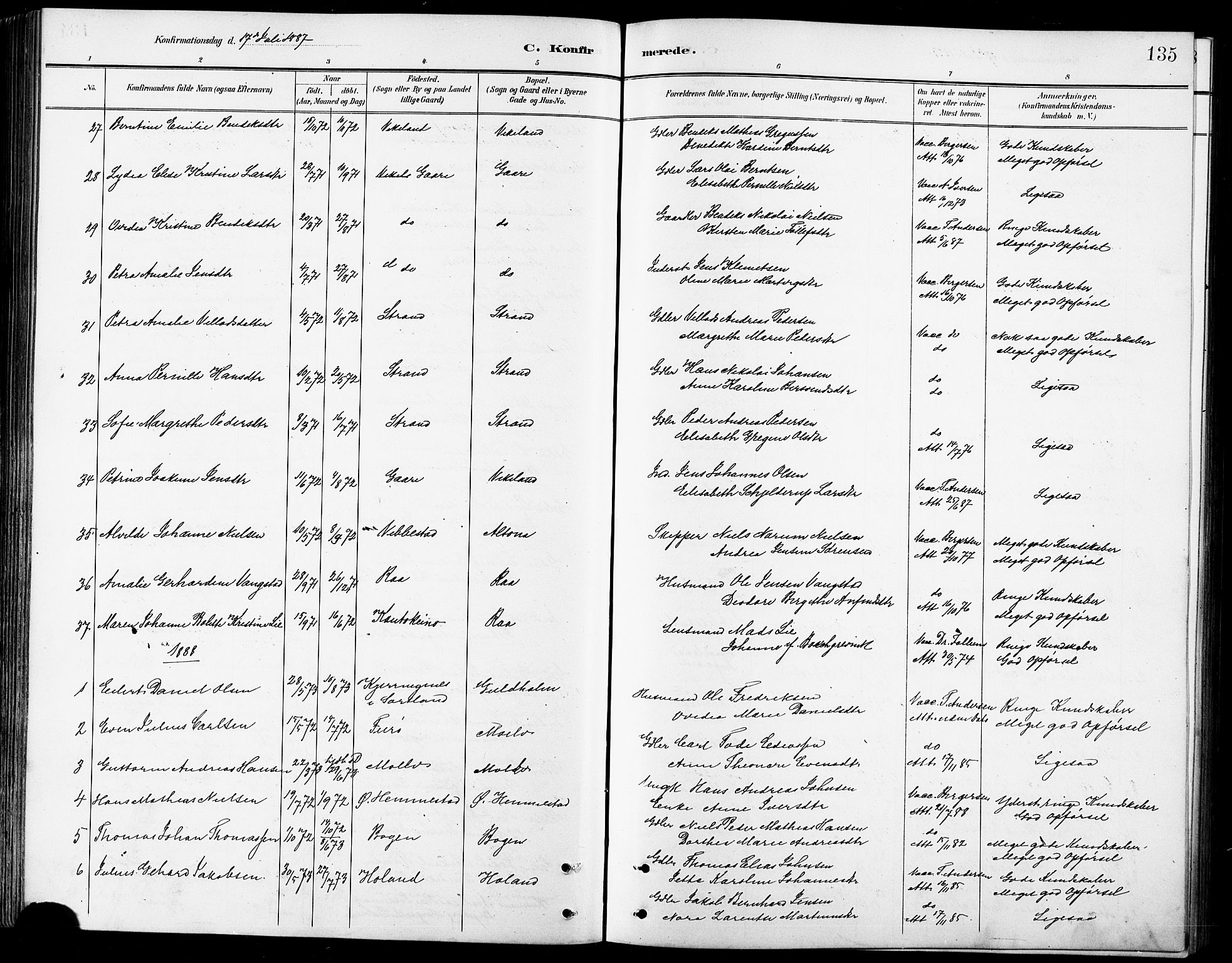 Kvæfjord sokneprestkontor, AV/SATØ-S-1323/G/Ga/Gab/L0005klokker: Klokkerbok nr. 5, 1886-1911, s. 135