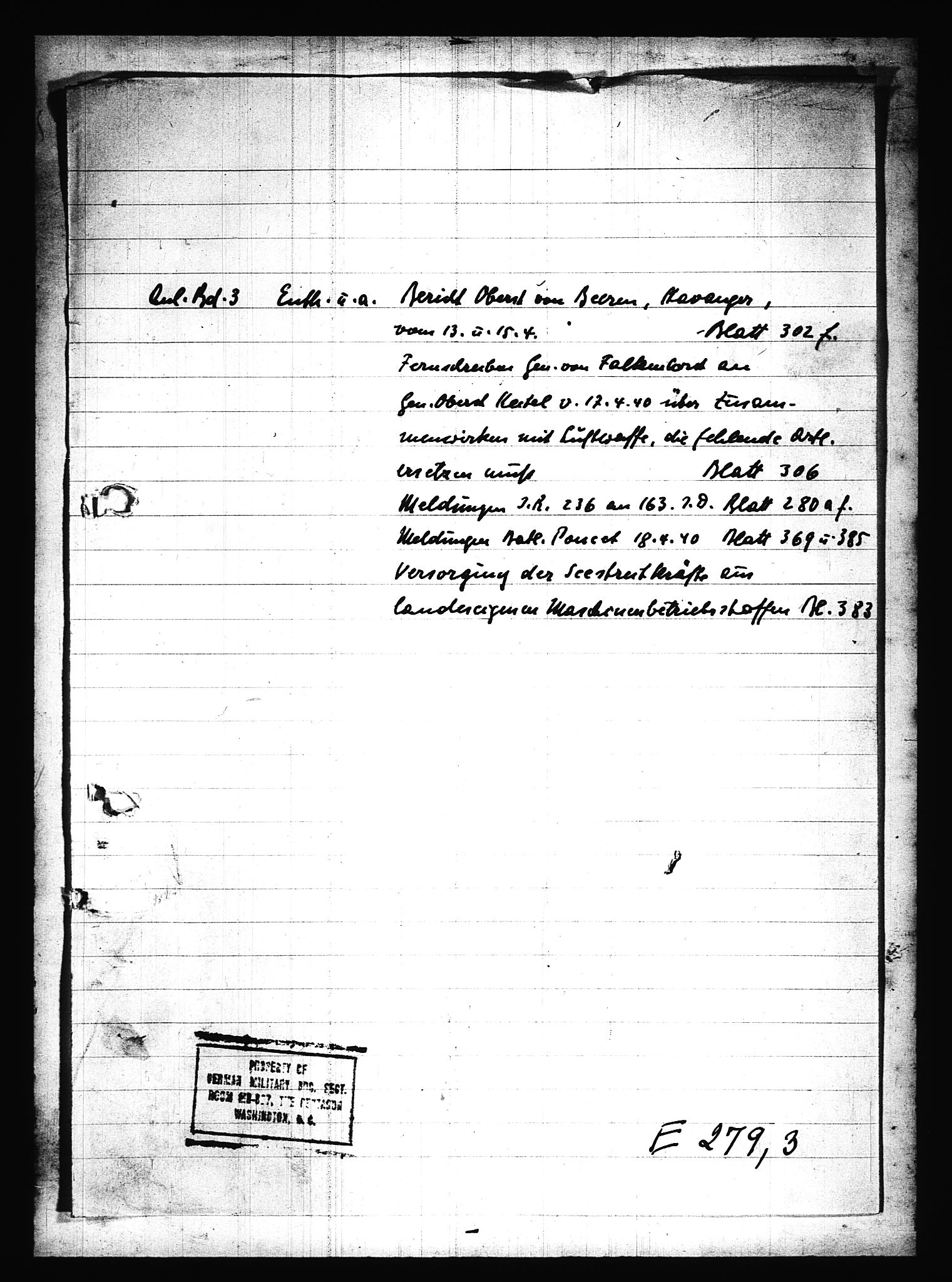 Documents Section, RA/RAFA-2200/V/L0075: Amerikansk mikrofilm "Captured German Documents".
Box No. 714.  FKA jnr. 615/1954., 1940, s. 471
