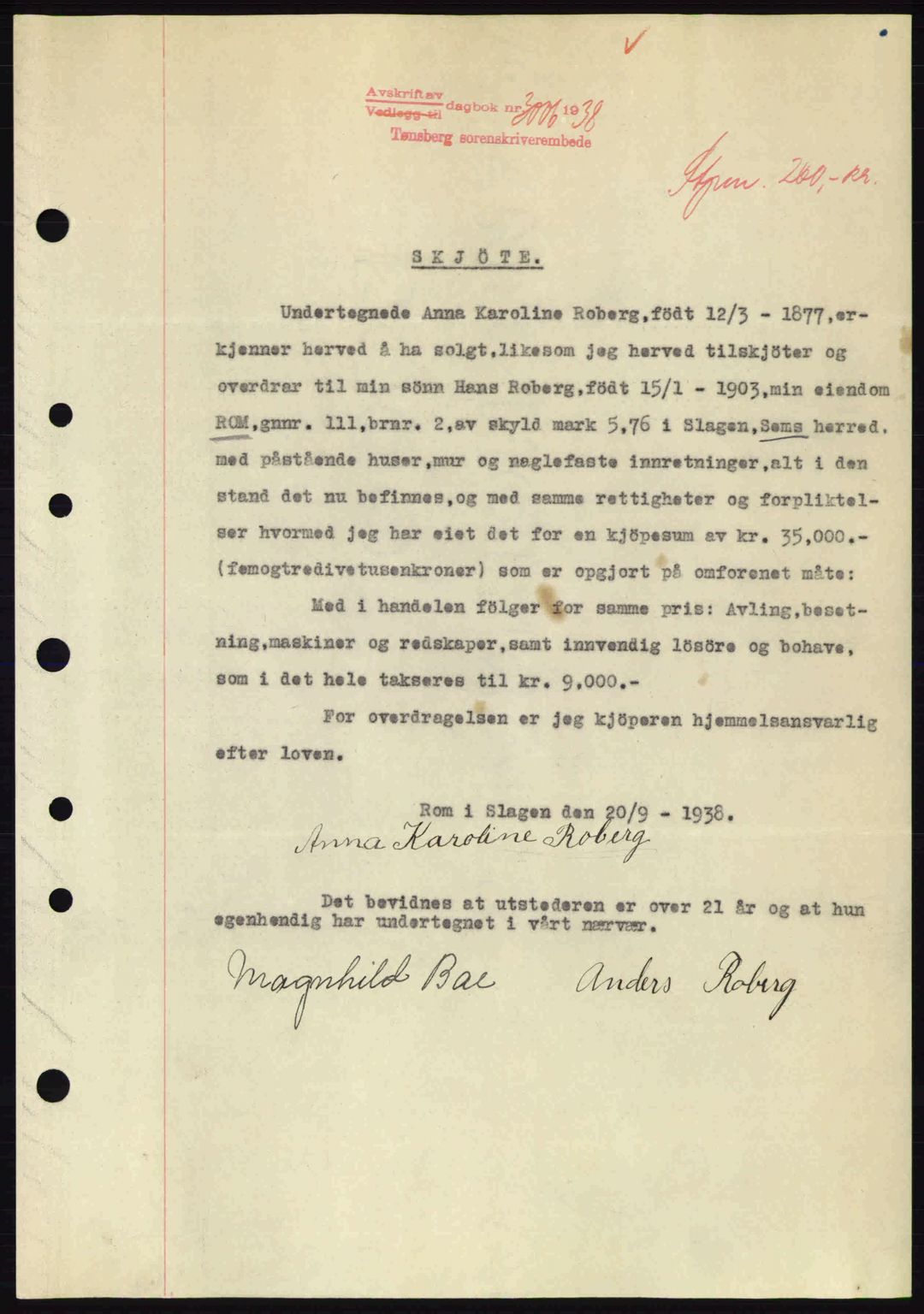 Jarlsberg sorenskriveri, SAKO/A-131/G/Ga/Gaa/L0006: Pantebok nr. A-6, 1938-1939, Dagboknr: 3006/1938