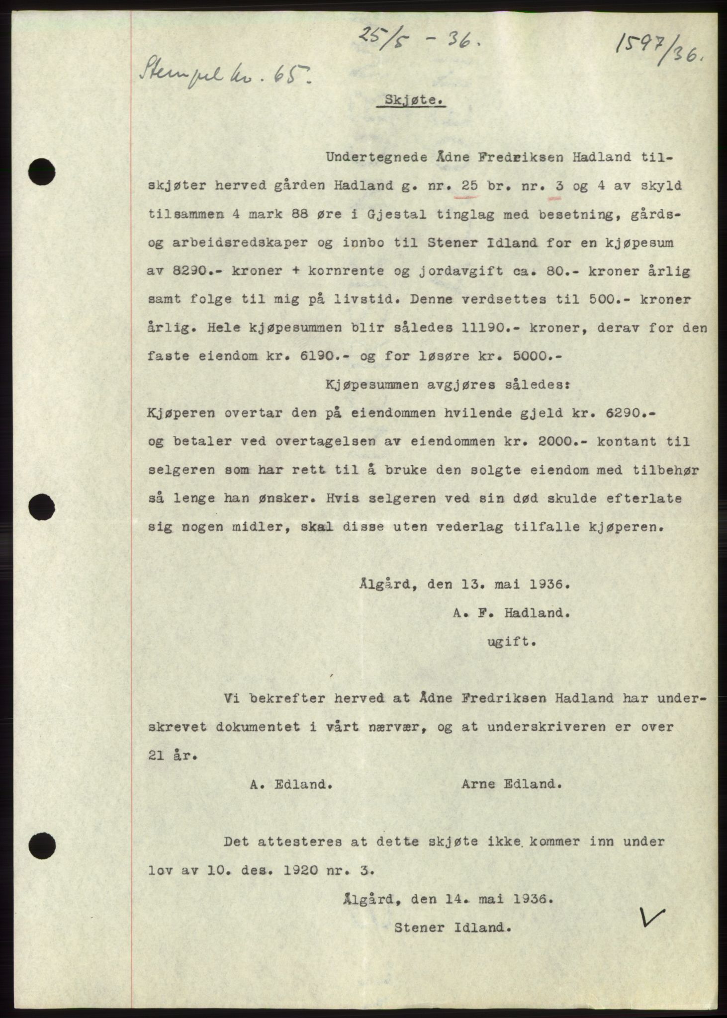 Jæren sorenskriveri, SAST/A-100310/03/G/Gba/L0065: Pantebok nr. 71, 1936-1936, Dagboknr: 1597/1936