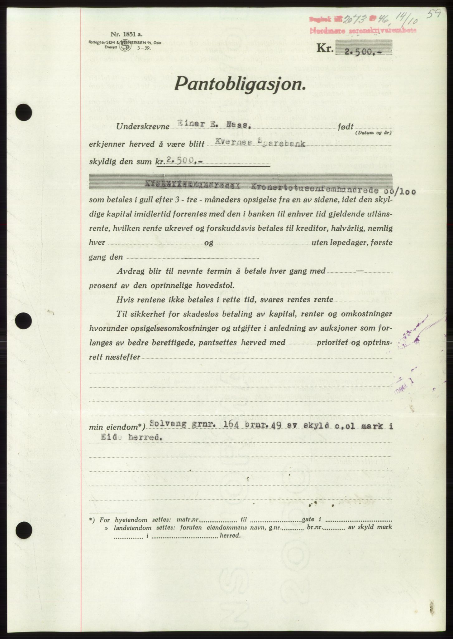 Nordmøre sorenskriveri, SAT/A-4132/1/2/2Ca: Pantebok nr. B95, 1946-1947, Dagboknr: 2073/1946