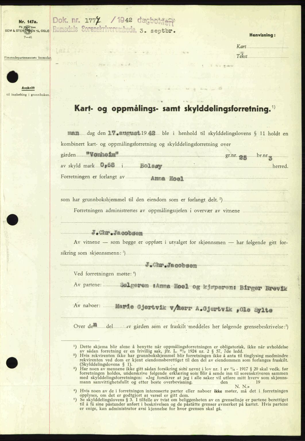 Romsdal sorenskriveri, SAT/A-4149/1/2/2C: Pantebok nr. A12, 1942-1942, Dagboknr: 1777/1942