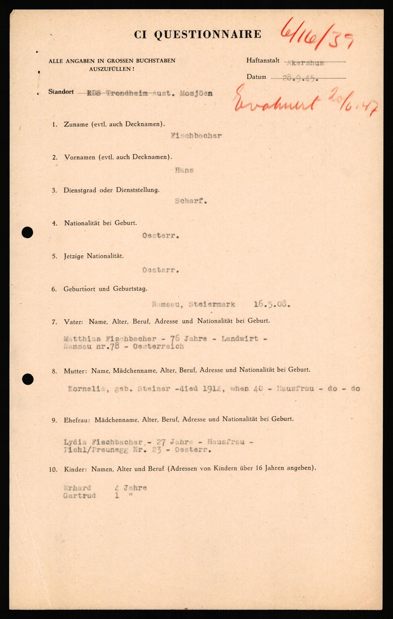 Forsvaret, Forsvarets overkommando II, AV/RA-RAFA-3915/D/Db/L0038: CI Questionaires. Tyske okkupasjonsstyrker i Norge. Østerrikere., 1945-1946, s. 295