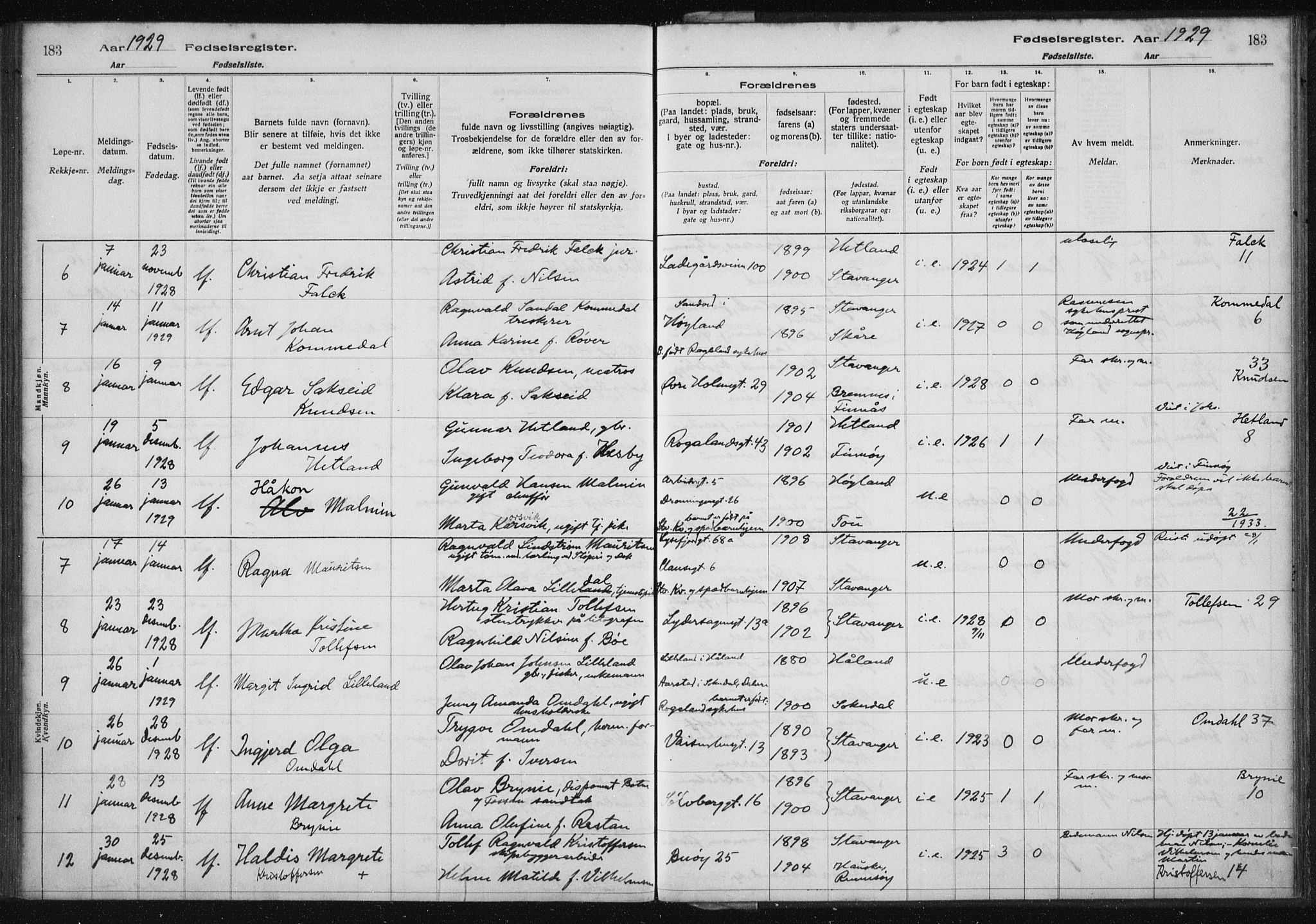 St. Petri sokneprestkontor, AV/SAST-A-101813/002/A/L0002: Fødselsregister nr. 2, 1922-1929, s. 183