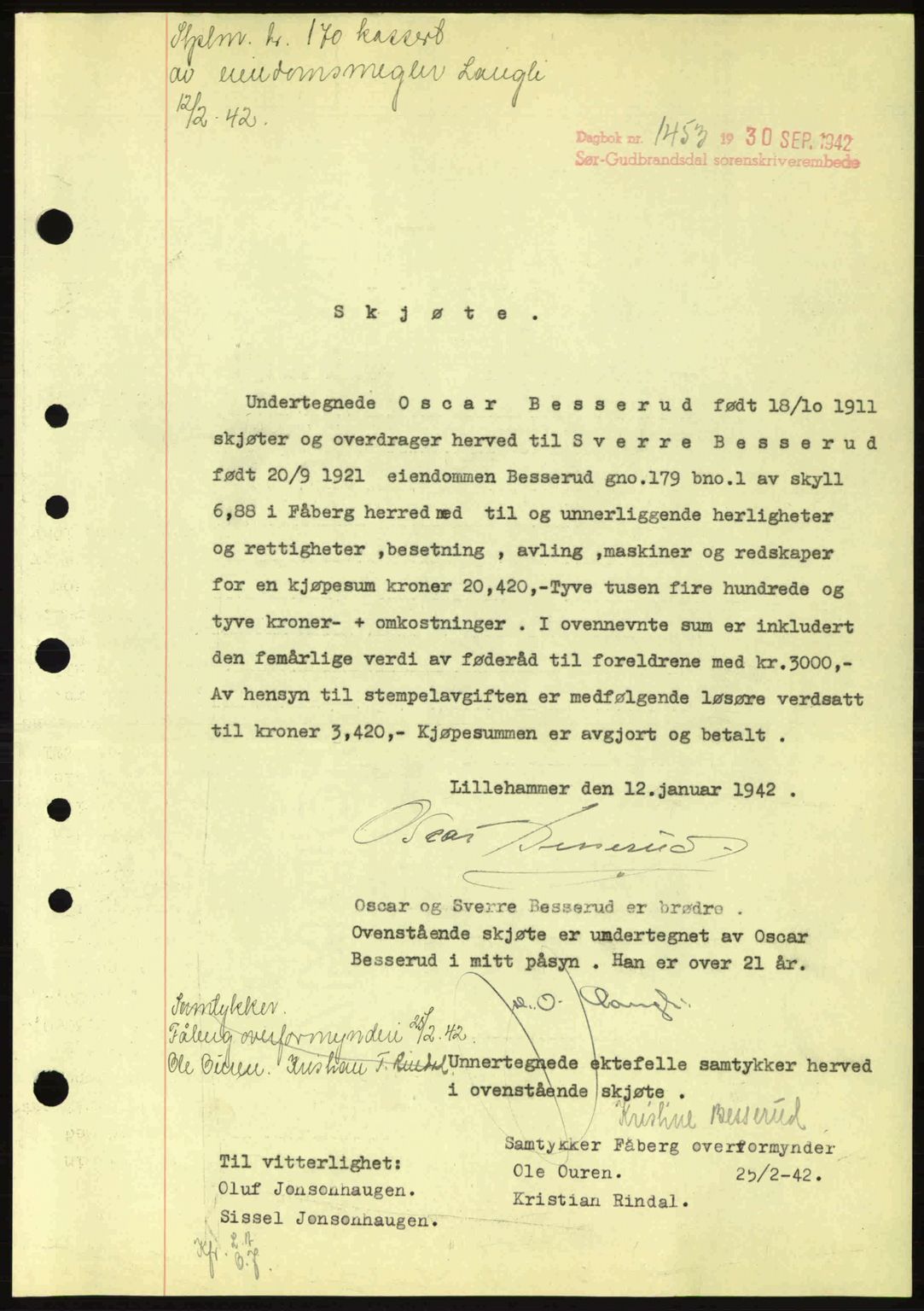 Sør-Gudbrandsdal tingrett, SAH/TING-004/H/Hb/Hbd/L0011: Pantebok nr. A11, 1942-1943, Dagboknr: 1453/1942