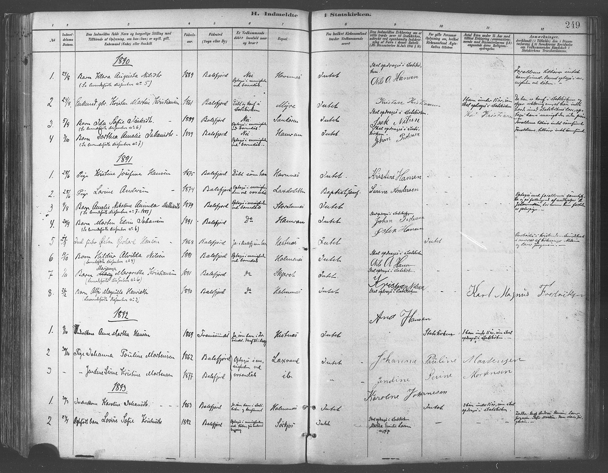 Balsfjord sokneprestembete, AV/SATØ-S-1303/G/Gaa/L0005kirke: Ministerialbok nr. 5, 1884-1897, s. 249