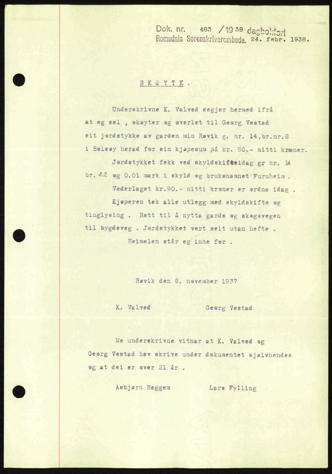 Romsdal sorenskriveri, SAT/A-4149/1/2/2C: Pantebok nr. A4, 1937-1938, Dagboknr: 483/1938