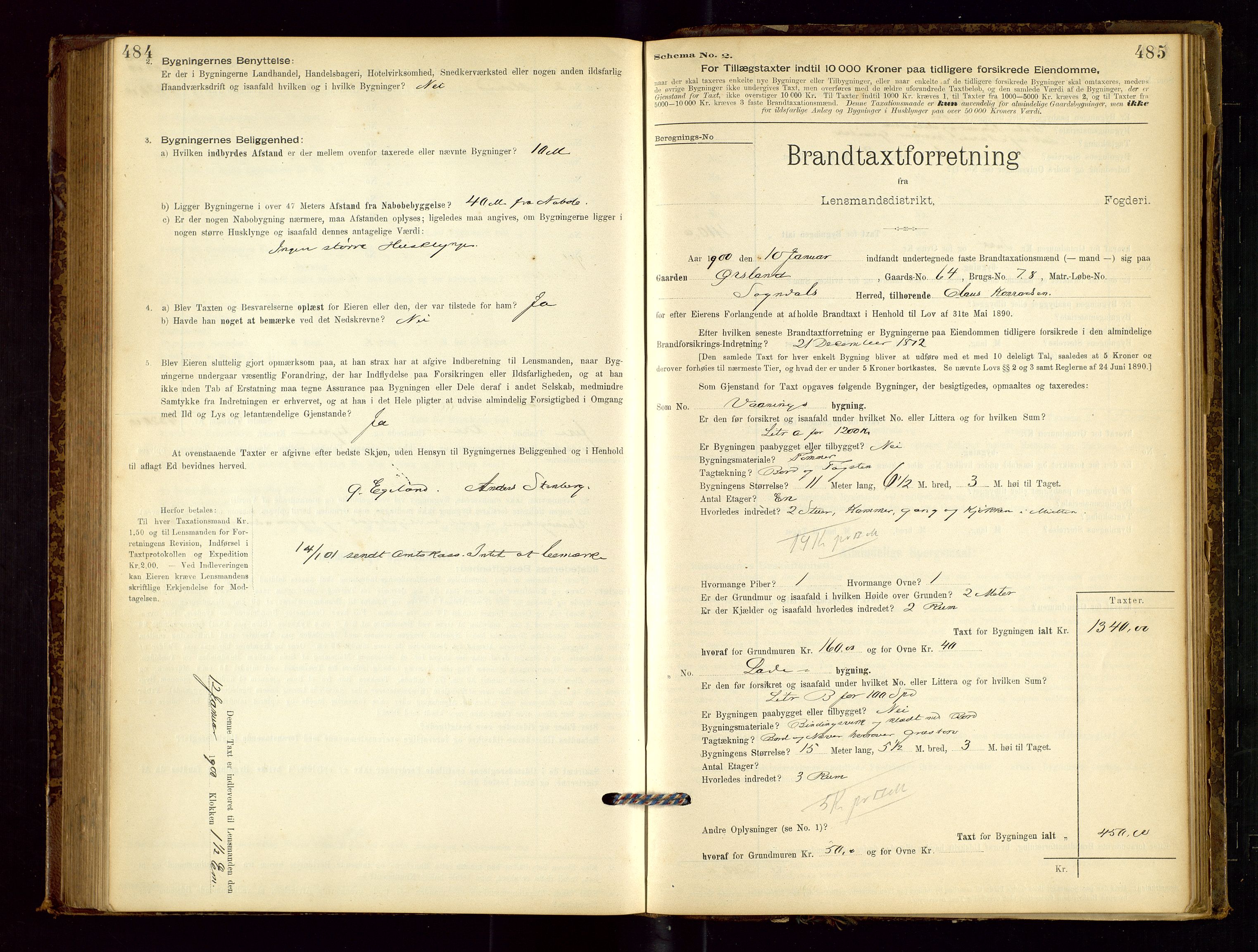 Sokndal lensmannskontor, SAST/A-100417/Gob/L0001: "Brandtaxt-Protokol", 1895-1902, s. 484-485