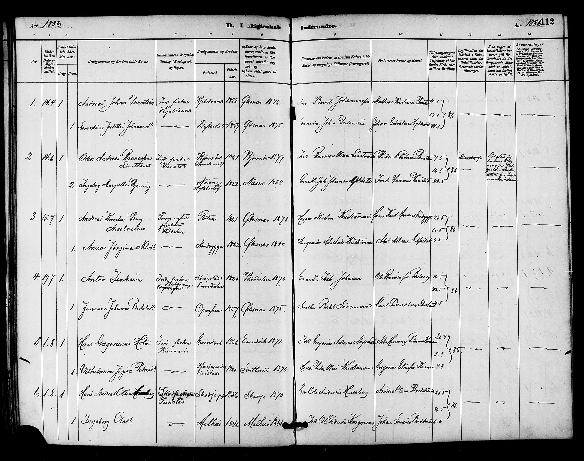 Ministerialprotokoller, klokkerbøker og fødselsregistre - Nordland, AV/SAT-A-1459/893/L1337: Ministerialbok nr. 893A09, 1885-1893, s. 112