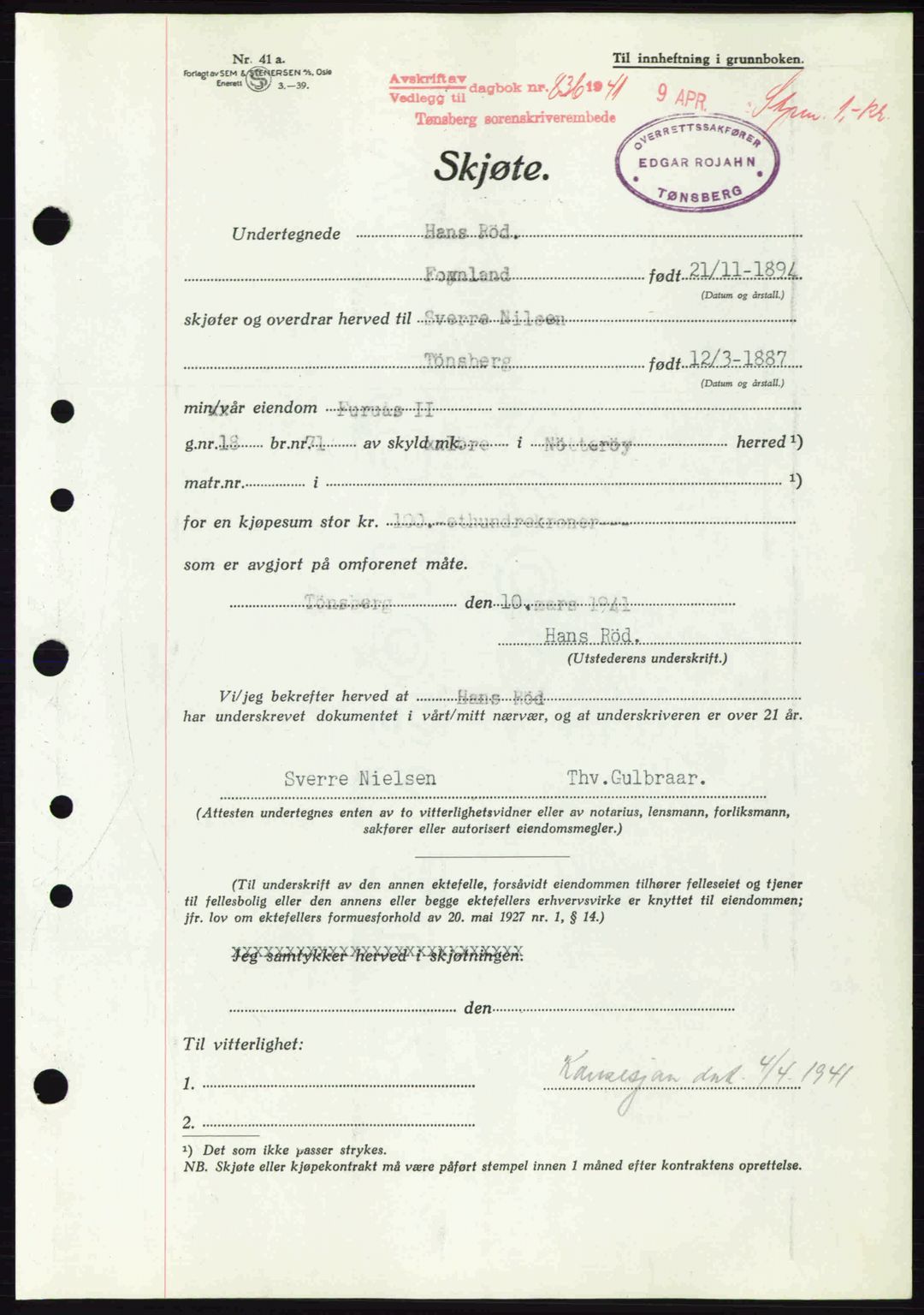 Tønsberg sorenskriveri, AV/SAKO-A-130/G/Ga/Gaa/L0010: Pantebok nr. A10, 1941-1941, Dagboknr: 836/1941