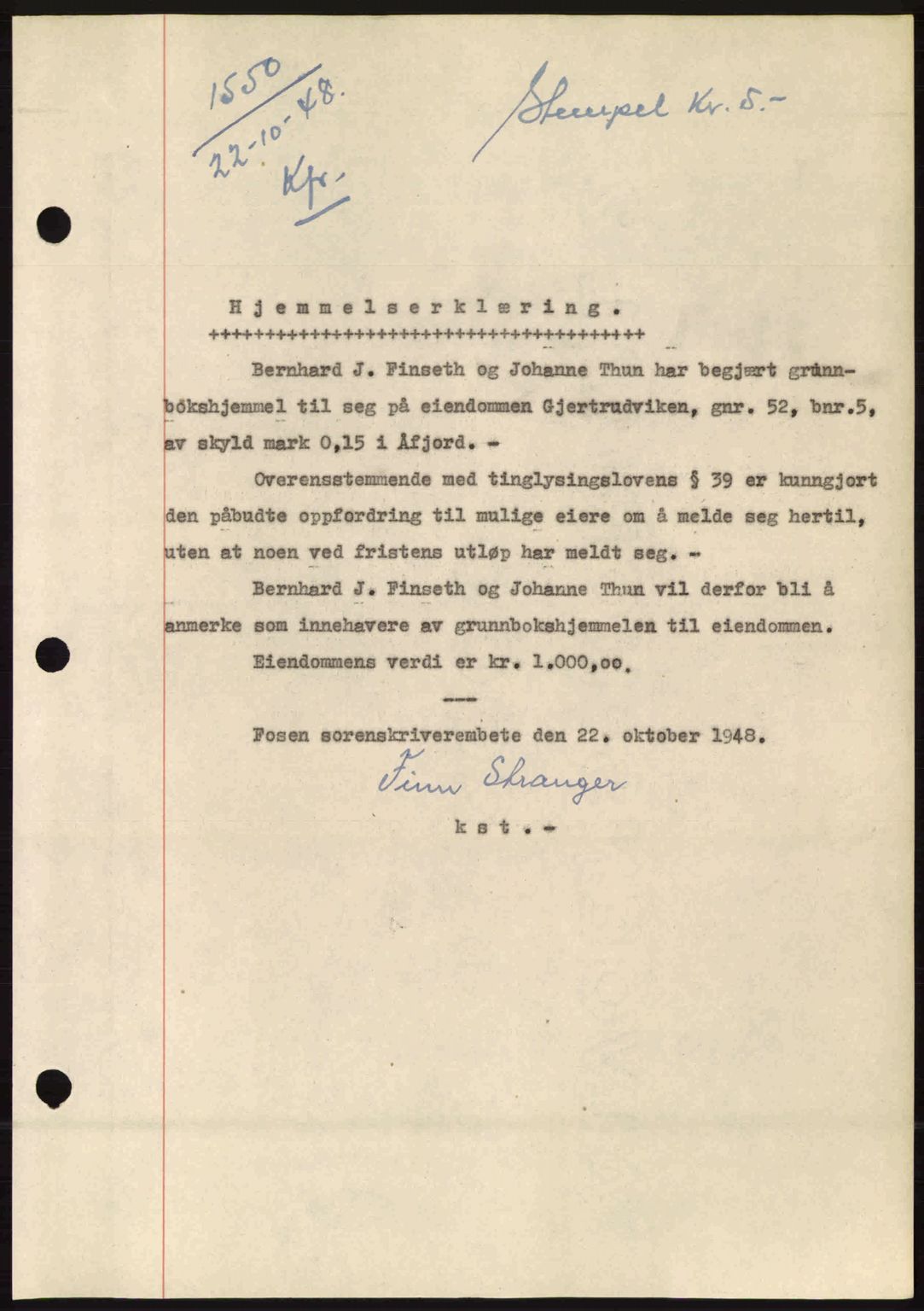 Fosen sorenskriveri, AV/SAT-A-1107/1/2/2C: Pantebok nr. A8, 1948-1948, Dagboknr: 1550/1948
