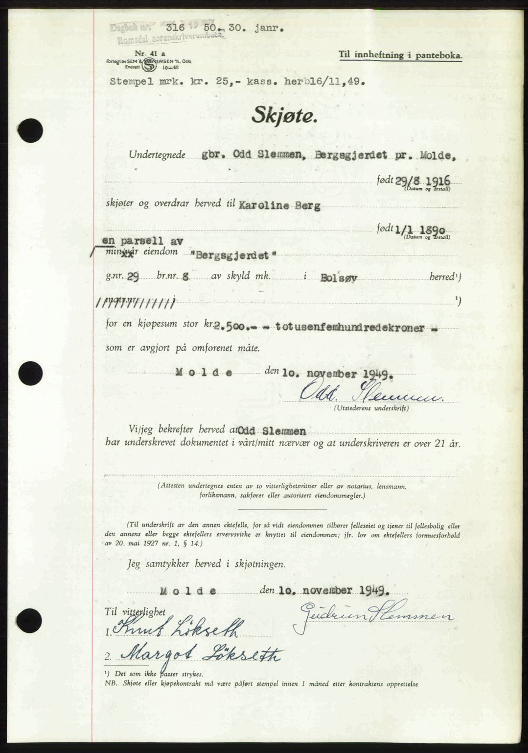 Romsdal sorenskriveri, AV/SAT-A-4149/1/2/2C: Pantebok nr. A32, 1950-1950, Dagboknr: 316/1950