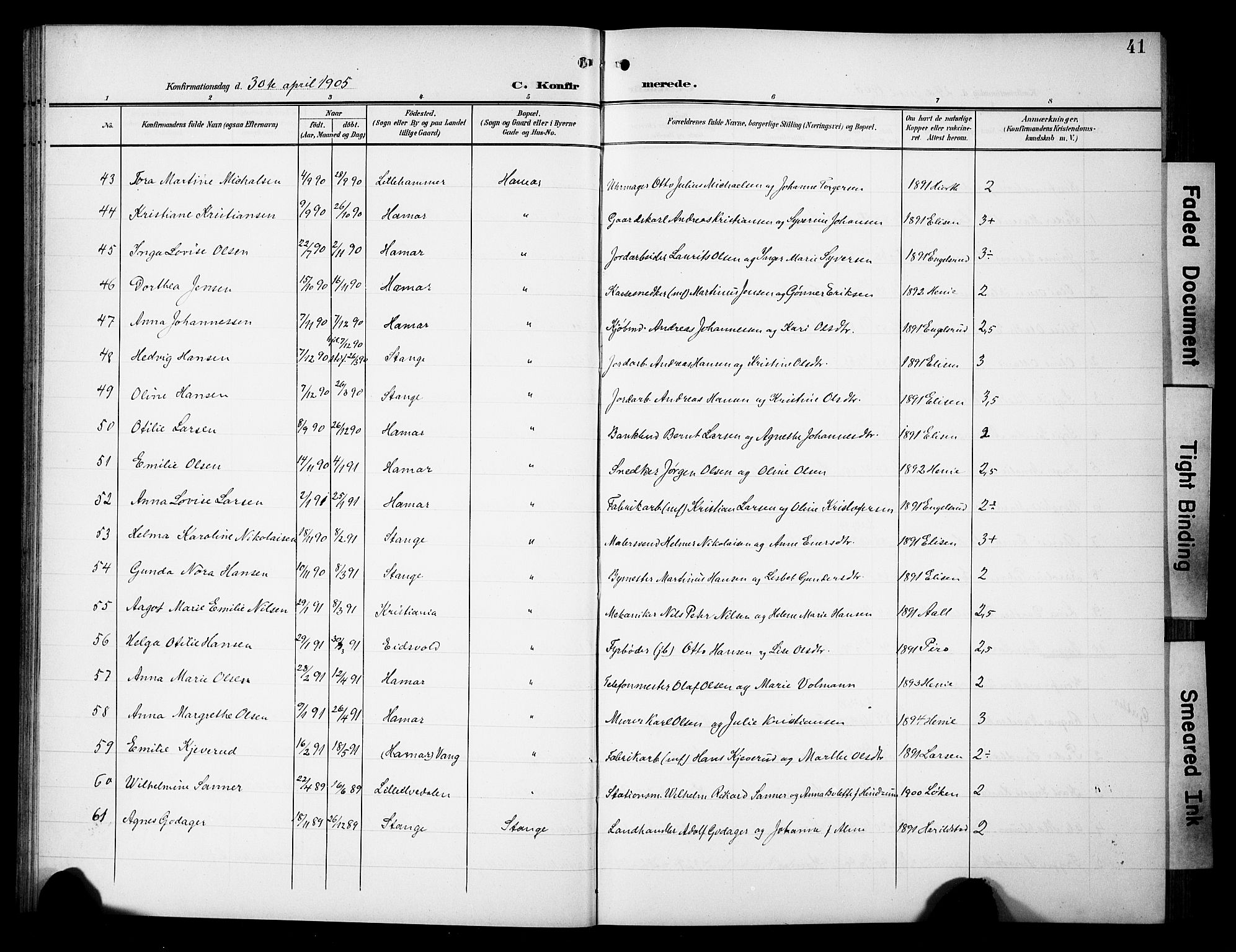 Hamar prestekontor, AV/SAH-DOMPH-002/H/Ha/Hab/L0002: Klokkerbok nr. 2, 1899-1929, s. 41