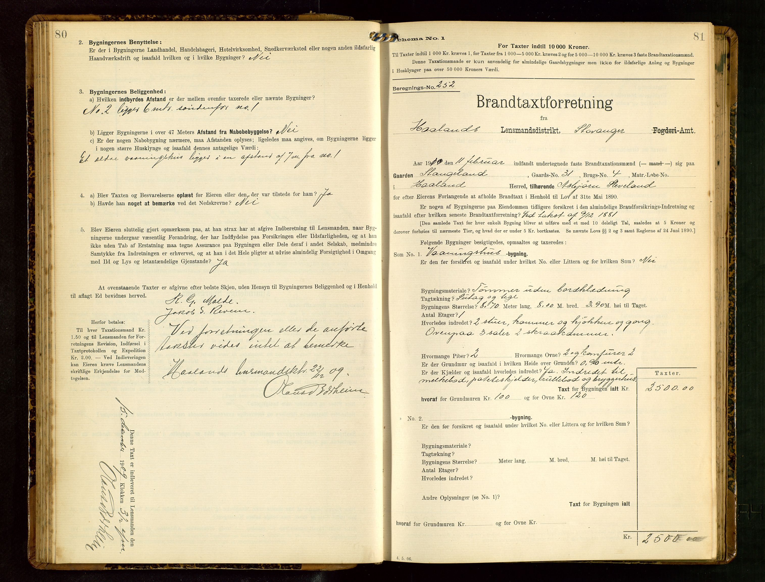 Håland lensmannskontor, SAST/A-100100/Gob/L0003: Branntakstprotokoll - skjematakst. Register i boken., 1909-1910, s. 80-81
