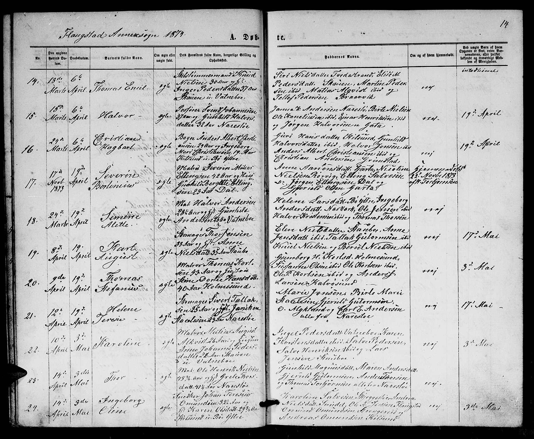 Dypvåg sokneprestkontor, AV/SAK-1111-0007/F/Fb/Fbb/L0003: Klokkerbok nr. B 3, 1872-1886, s. 14