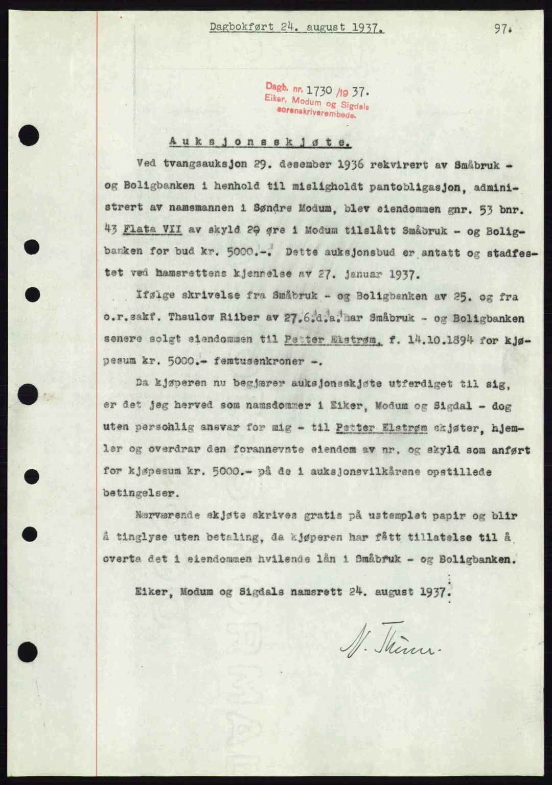Eiker, Modum og Sigdal sorenskriveri, SAKO/A-123/G/Ga/Gab/L0036: Pantebok nr. A6, 1937-1937, Dagboknr: 1730/1937