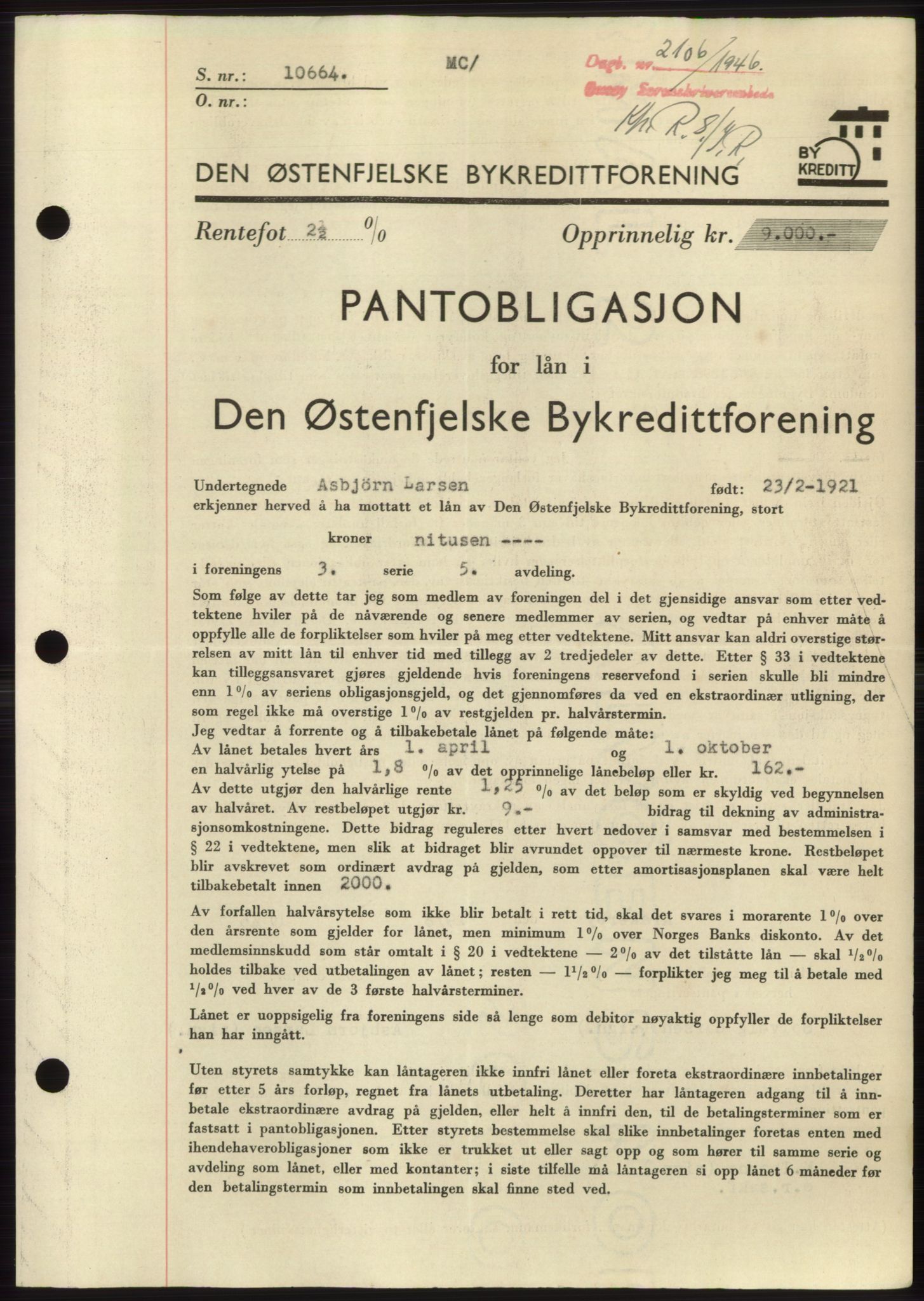 Onsøy sorenskriveri, SAO/A-10474/G/Ga/Gac/L0005: Pantebok nr. B 9-5, 1946-1947, Dagboknr: 2106/1946
