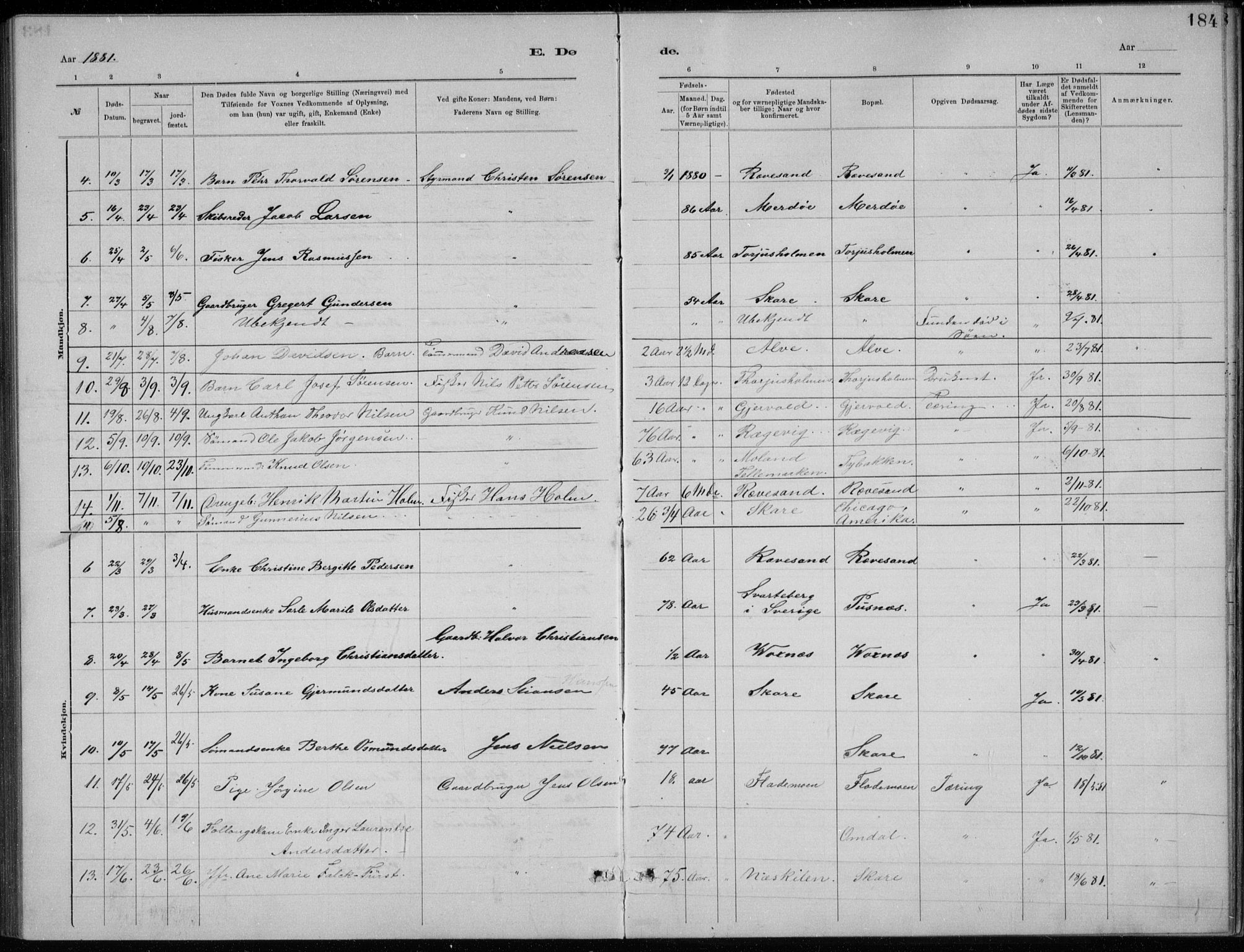 Tromøy sokneprestkontor, AV/SAK-1111-0041/F/Fb/L0005: Klokkerbok nr. B 5, 1877-1891, s. 184