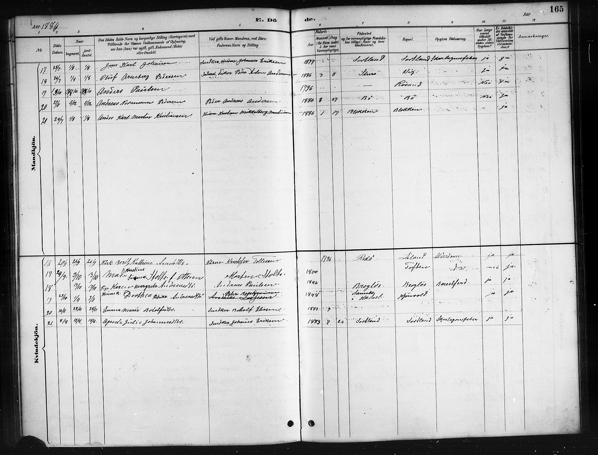 Ministerialprotokoller, klokkerbøker og fødselsregistre - Nordland, AV/SAT-A-1459/895/L1382: Klokkerbok nr. 895C04, 1885-1896, s. 165