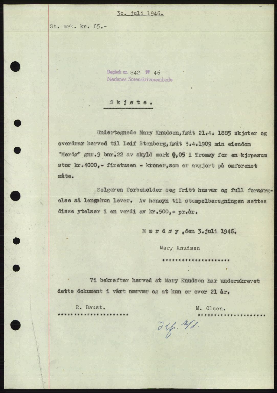 Nedenes sorenskriveri, SAK/1221-0006/G/Gb/Gba/L0055: Pantebok nr. A7, 1946-1946, Dagboknr: 842/1946