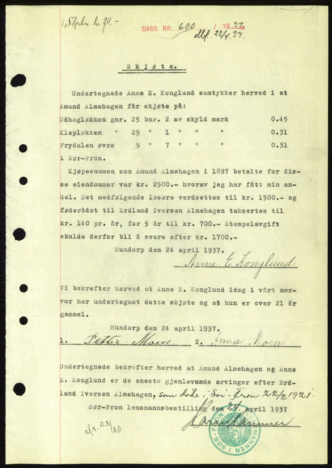 Sør-Gudbrandsdal tingrett, SAH/TING-004/H/Hb/Hbd/L0002: Pantebok nr. A2, 1936-1937, Dagboknr: 600/1937