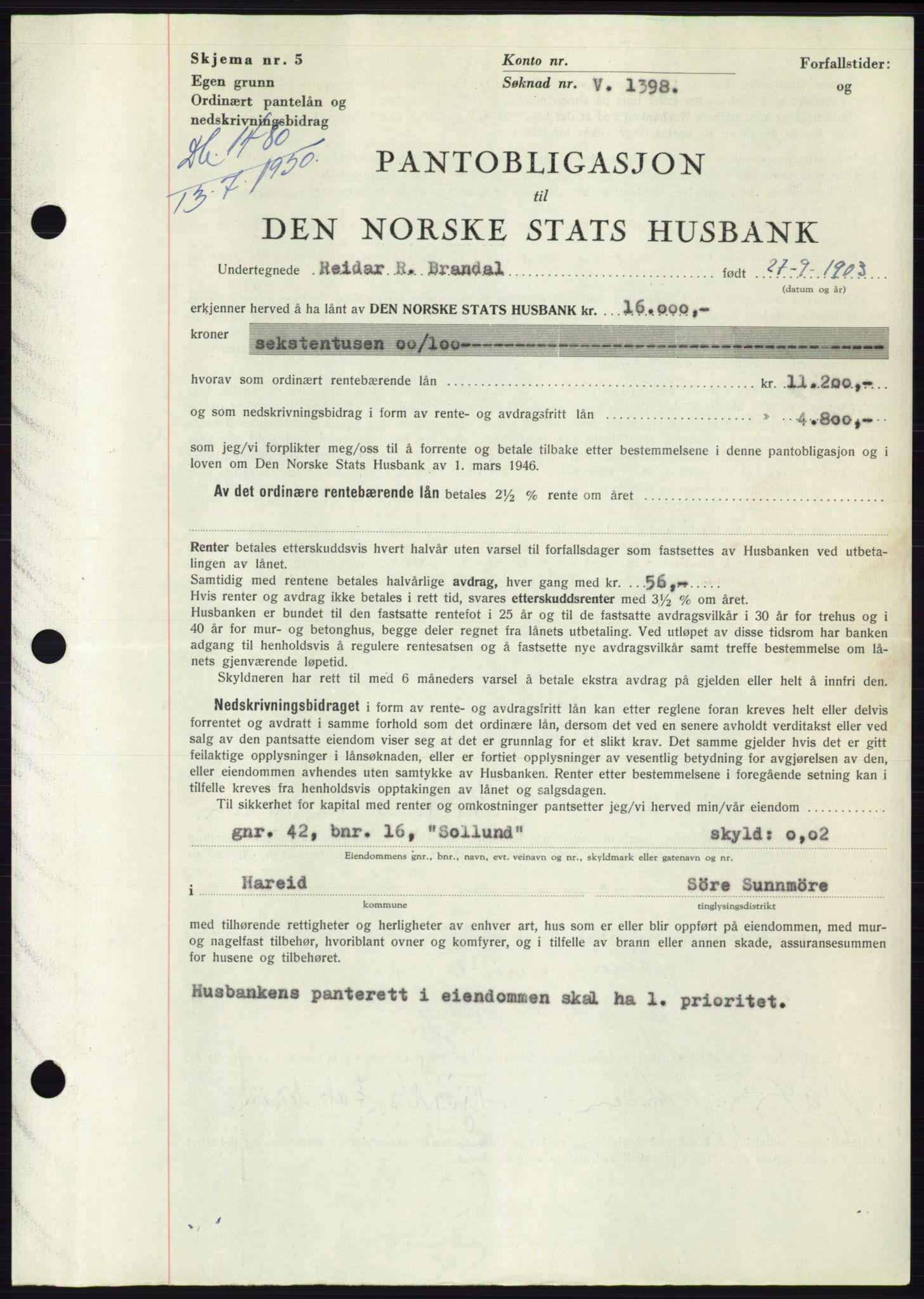 Søre Sunnmøre sorenskriveri, SAT/A-4122/1/2/2C/L0118: Pantebok nr. 6B, 1949-1950, Dagboknr: 1480/1950