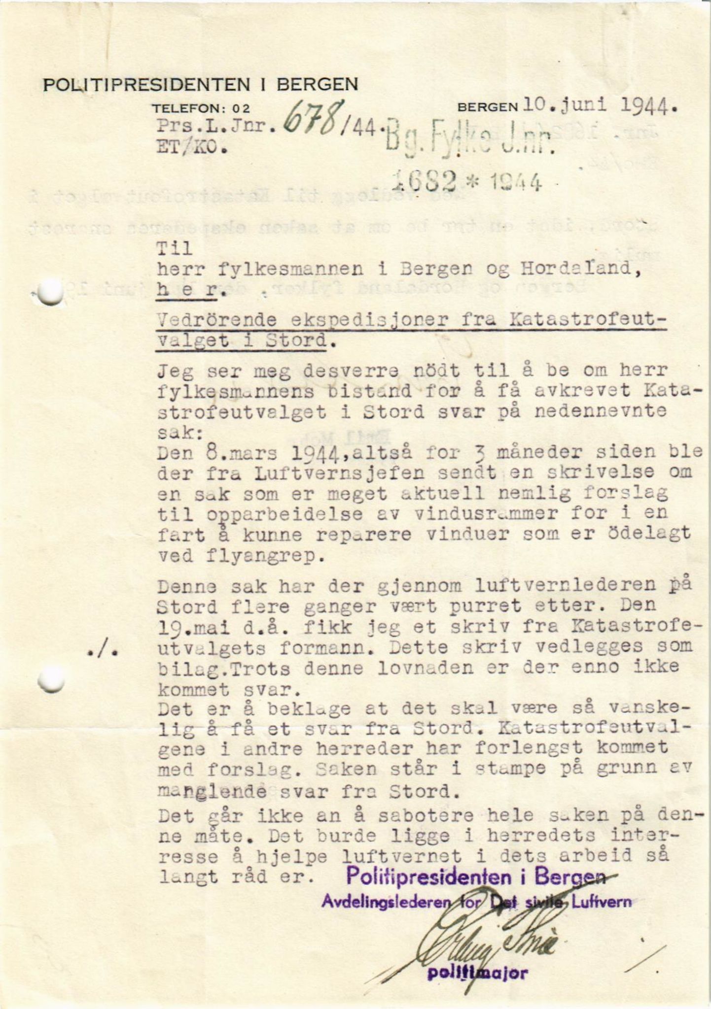 Stord kommune. Katastrofeutvalet, IKAH/1221-832/D/Da/L0001: Kronologisk ordna korrespondanse, 1943-1945