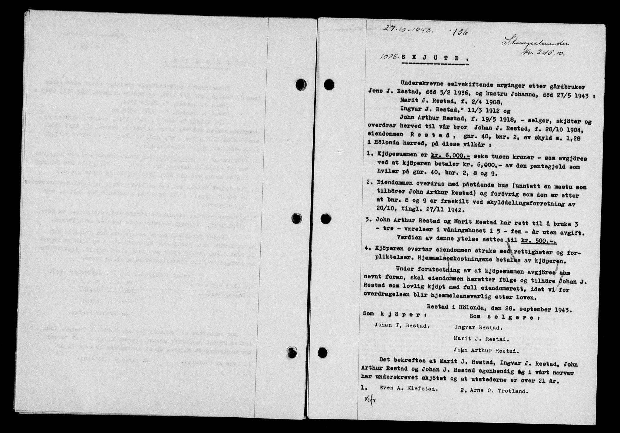 Gauldal sorenskriveri, SAT/A-0014/1/2/2C/L0057: Pantebok nr. 62, 1943-1944, Dagboknr: 1028/1943
