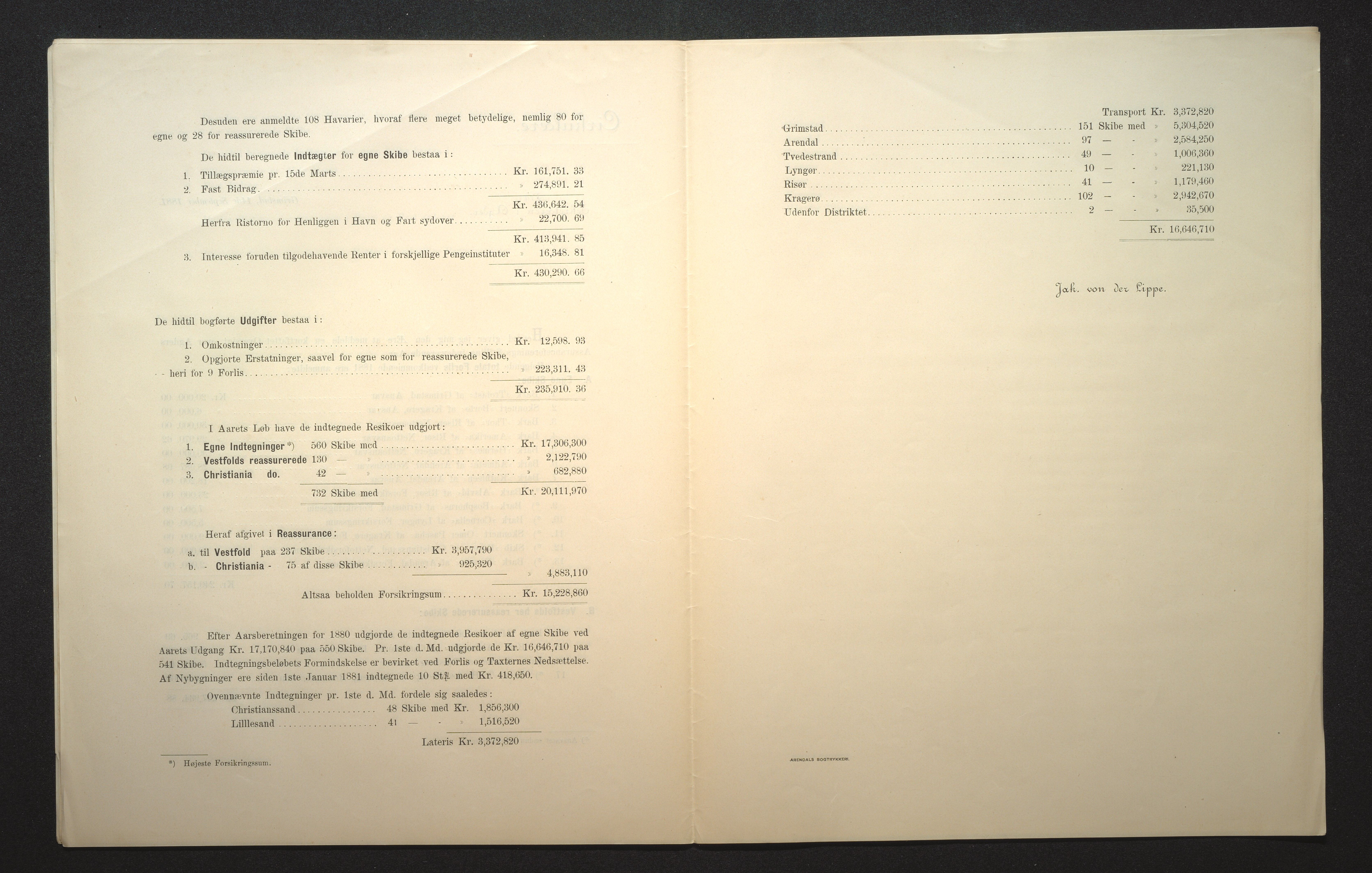 Agders Gjensidige Assuranceforening, AAKS/PA-1718/05/L0002: Regnskap, seilavdeling, pakkesak, 1881-1889