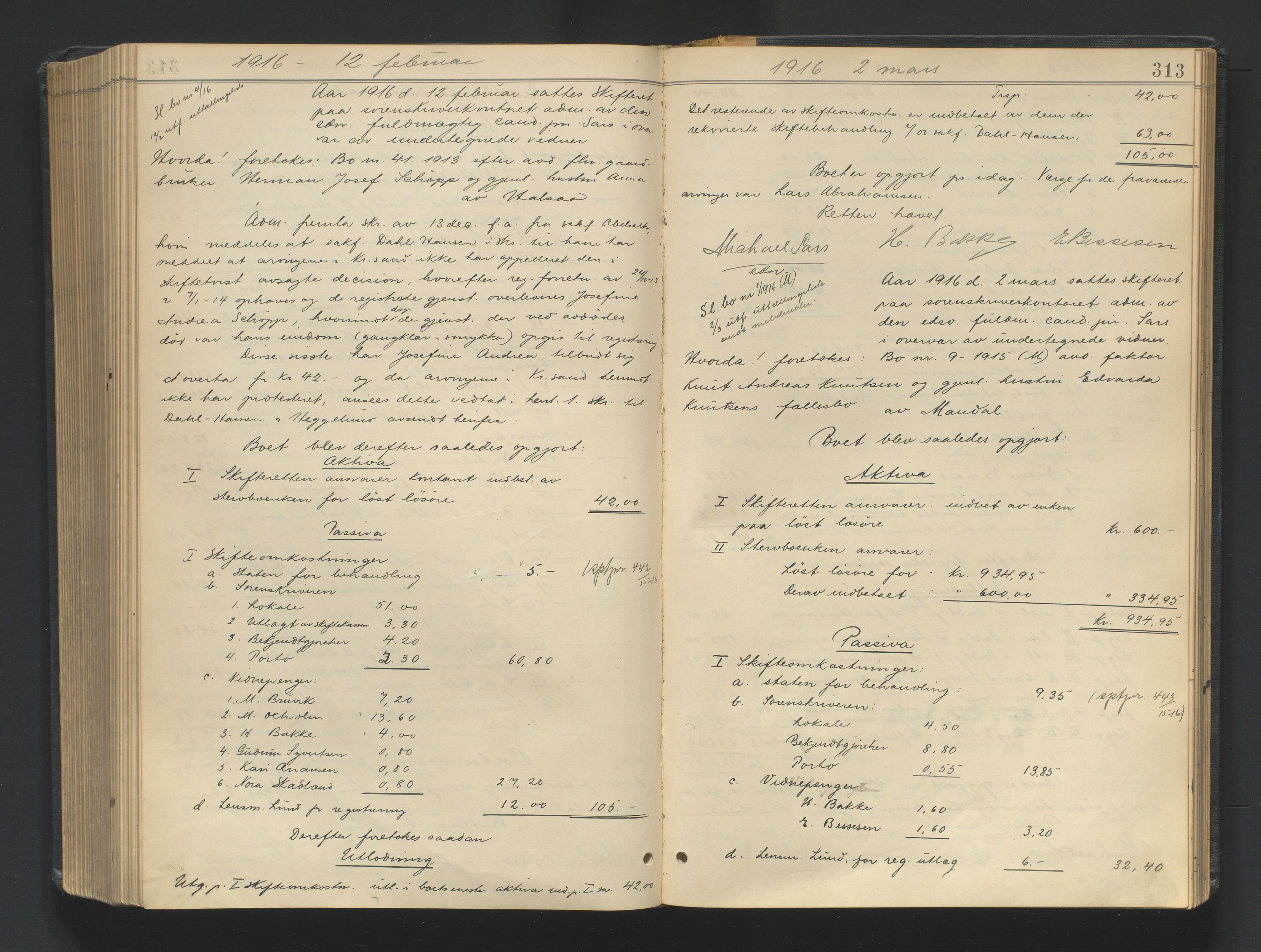 Mandal sorenskriveri, SAK/1221-0005/001/H/Hc/L0098: Skifteutlodningsprotokoll nr 7, 1910-1917, s. 313