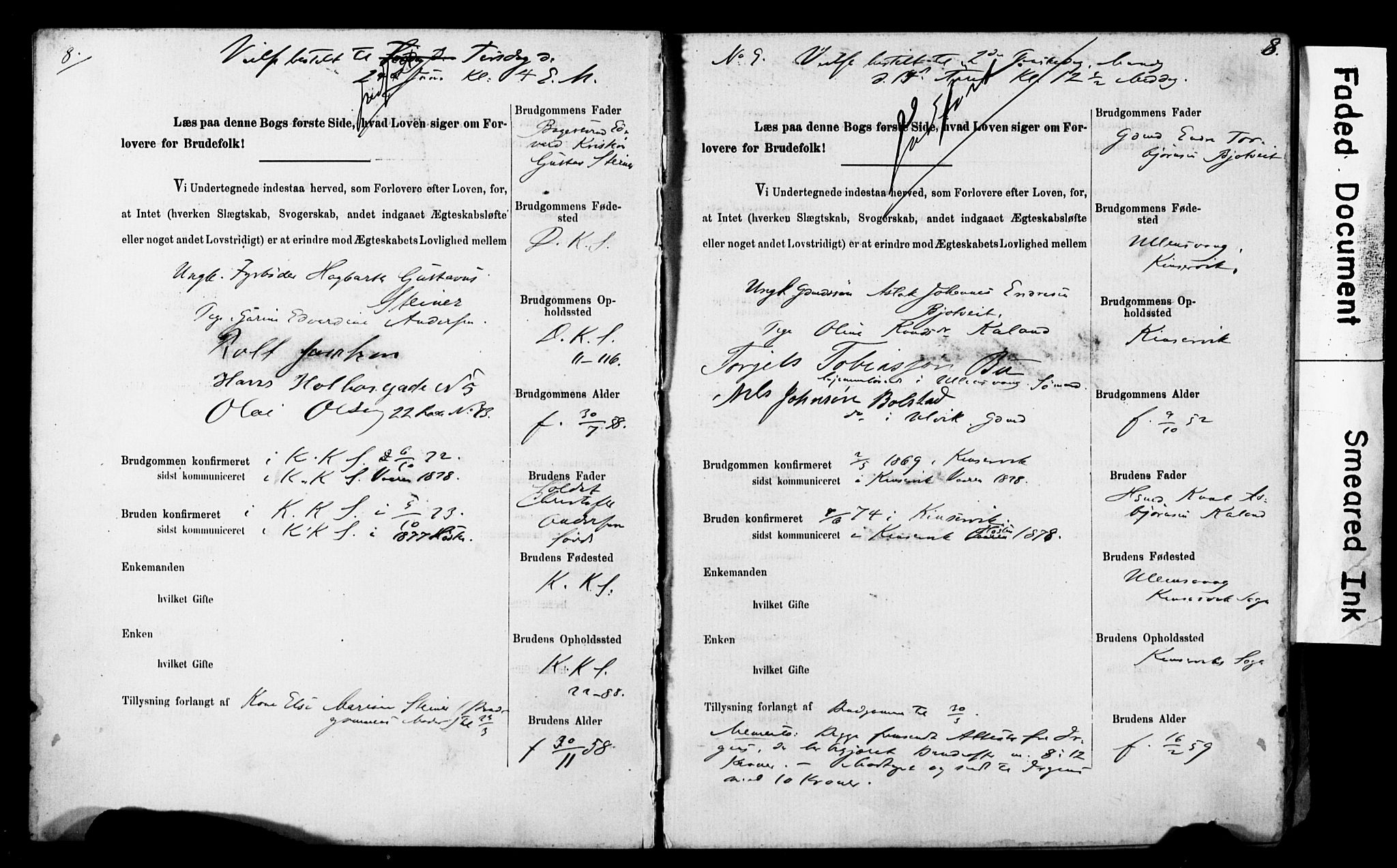 Korskirken sokneprestembete, AV/SAB-A-76101: Forlovererklæringer nr. II.5.5, 1878-1889, s. 8