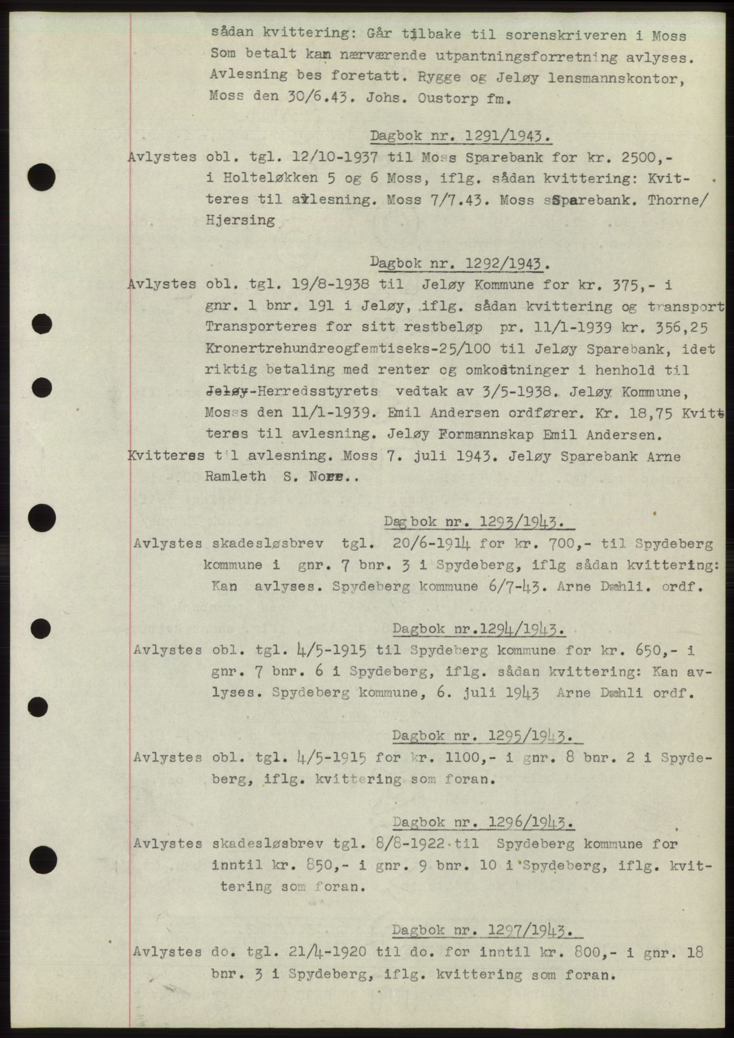 Moss sorenskriveri, SAO/A-10168: Pantebok nr. C10, 1938-1950, Dagboknr: 1291/1943