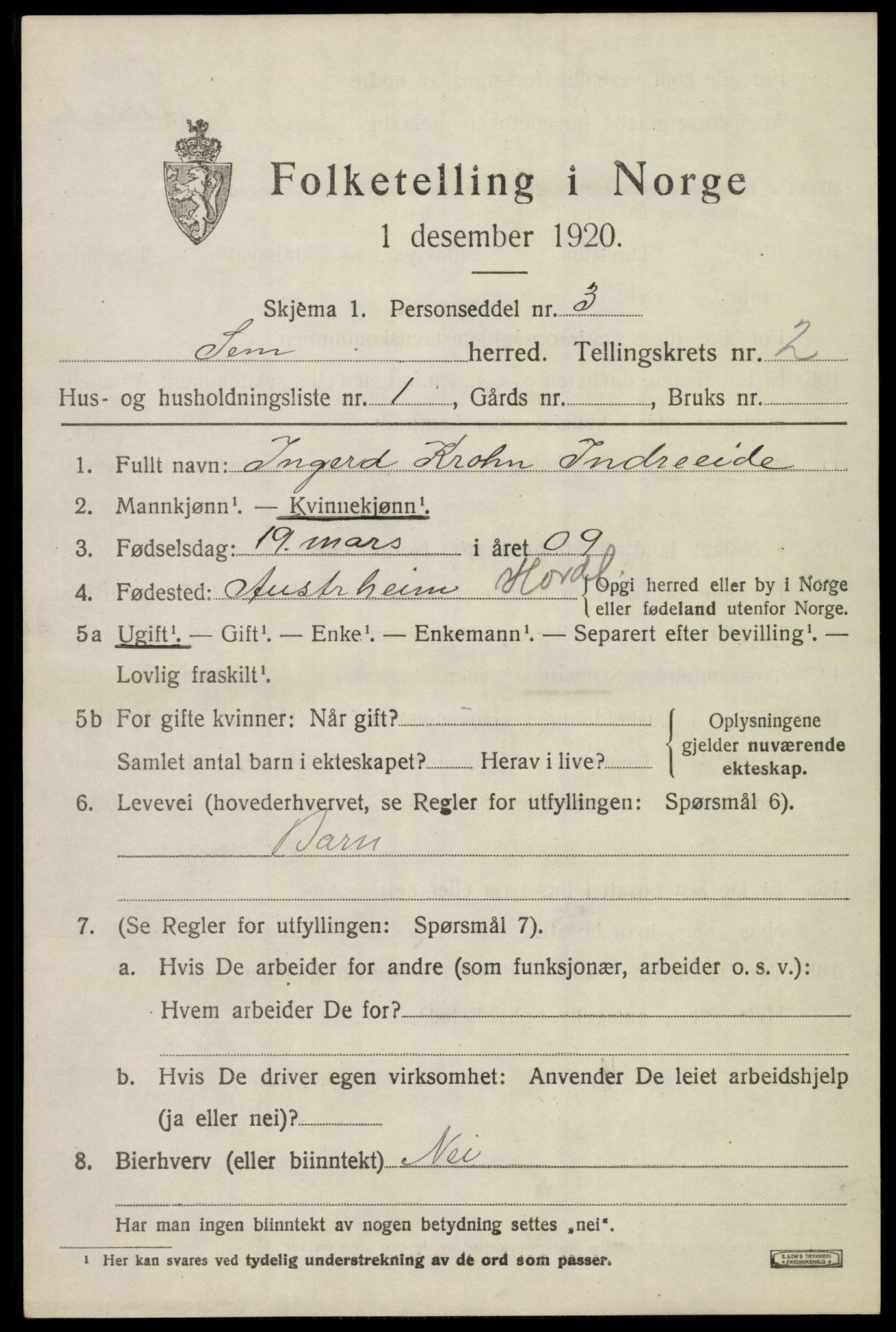 SAKO, Folketelling 1920 for 0721 Sem herred, 1920, s. 5265