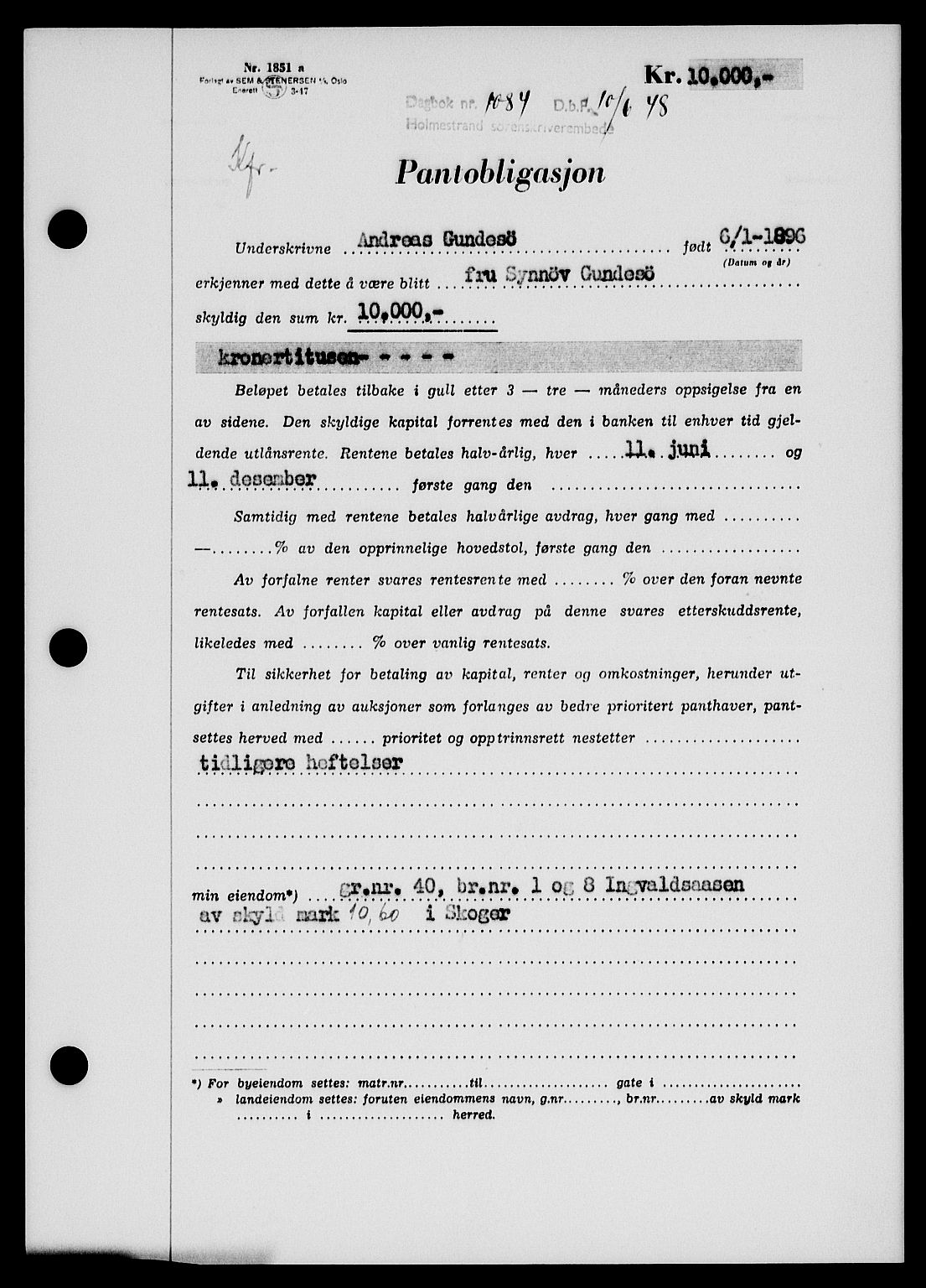Holmestrand sorenskriveri, SAKO/A-67/G/Ga/Gab/L0058: Pantebok nr. B-58, 1947-1948, Dagboknr: 1084/1948