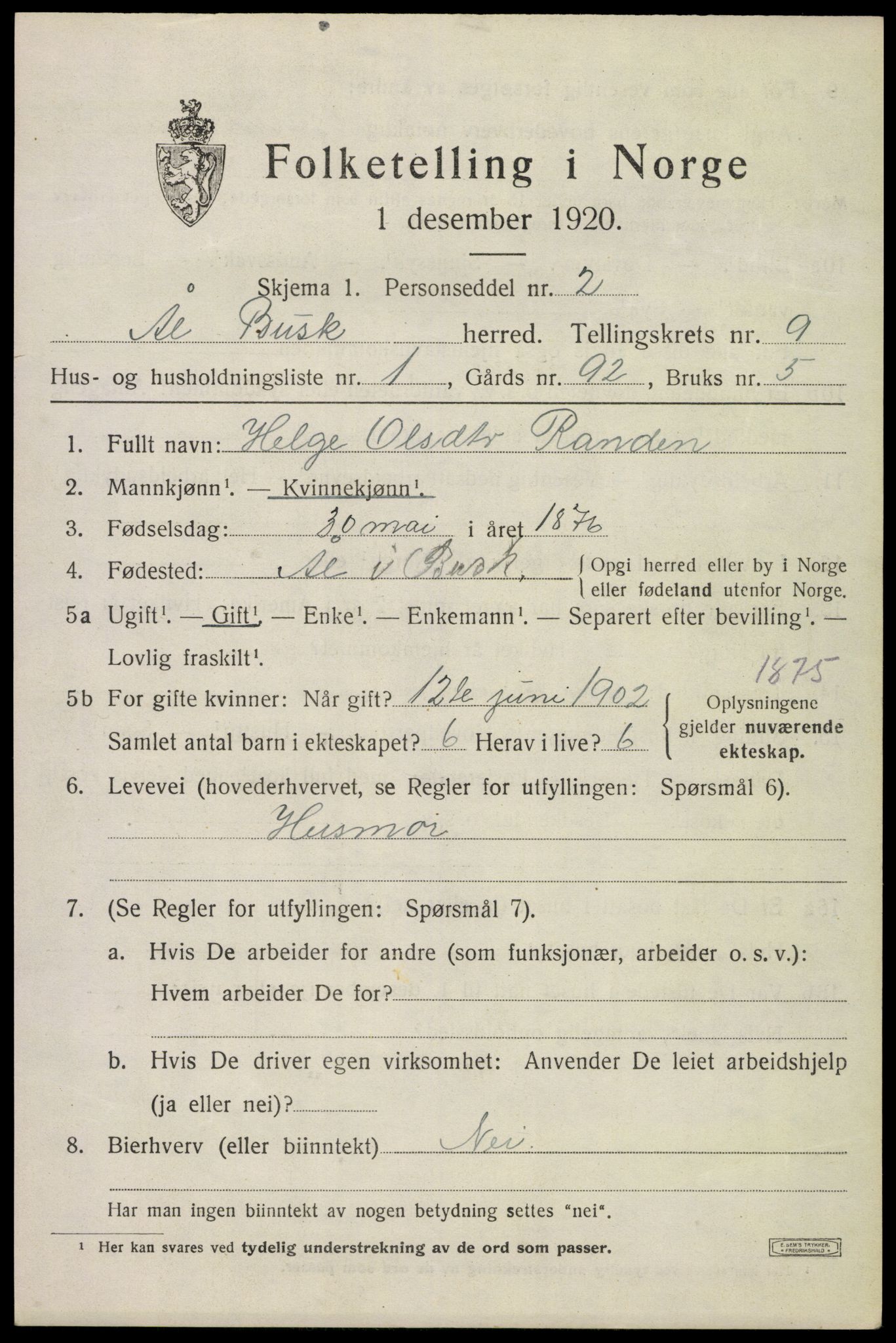 SAKO, Folketelling 1920 for 0619 Ål herred, 1920, s. 5682