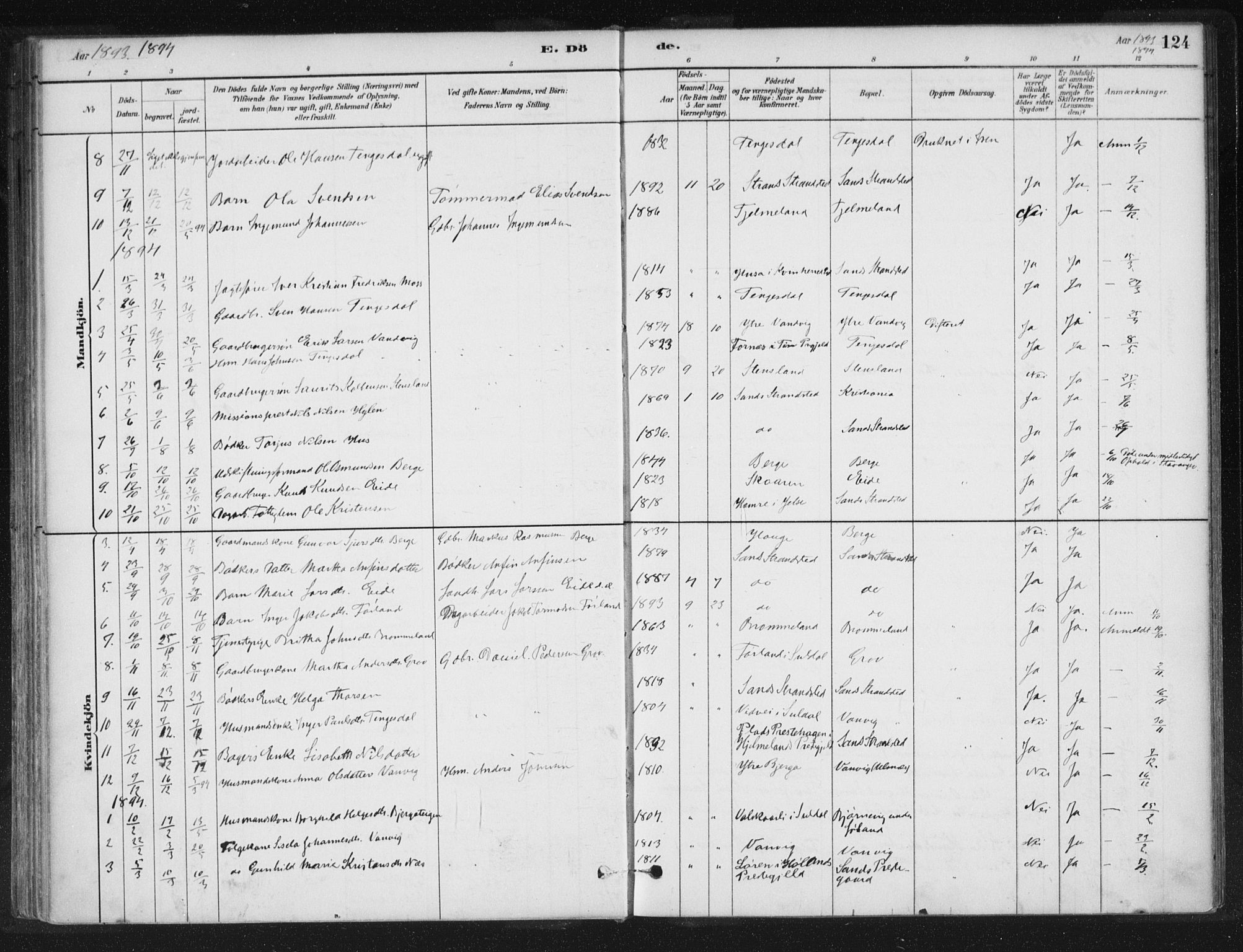 Sand sokneprestkontor, SAST/A-101848/01/III/L0005: Ministerialbok nr. A 5, 1880-1898, s. 124