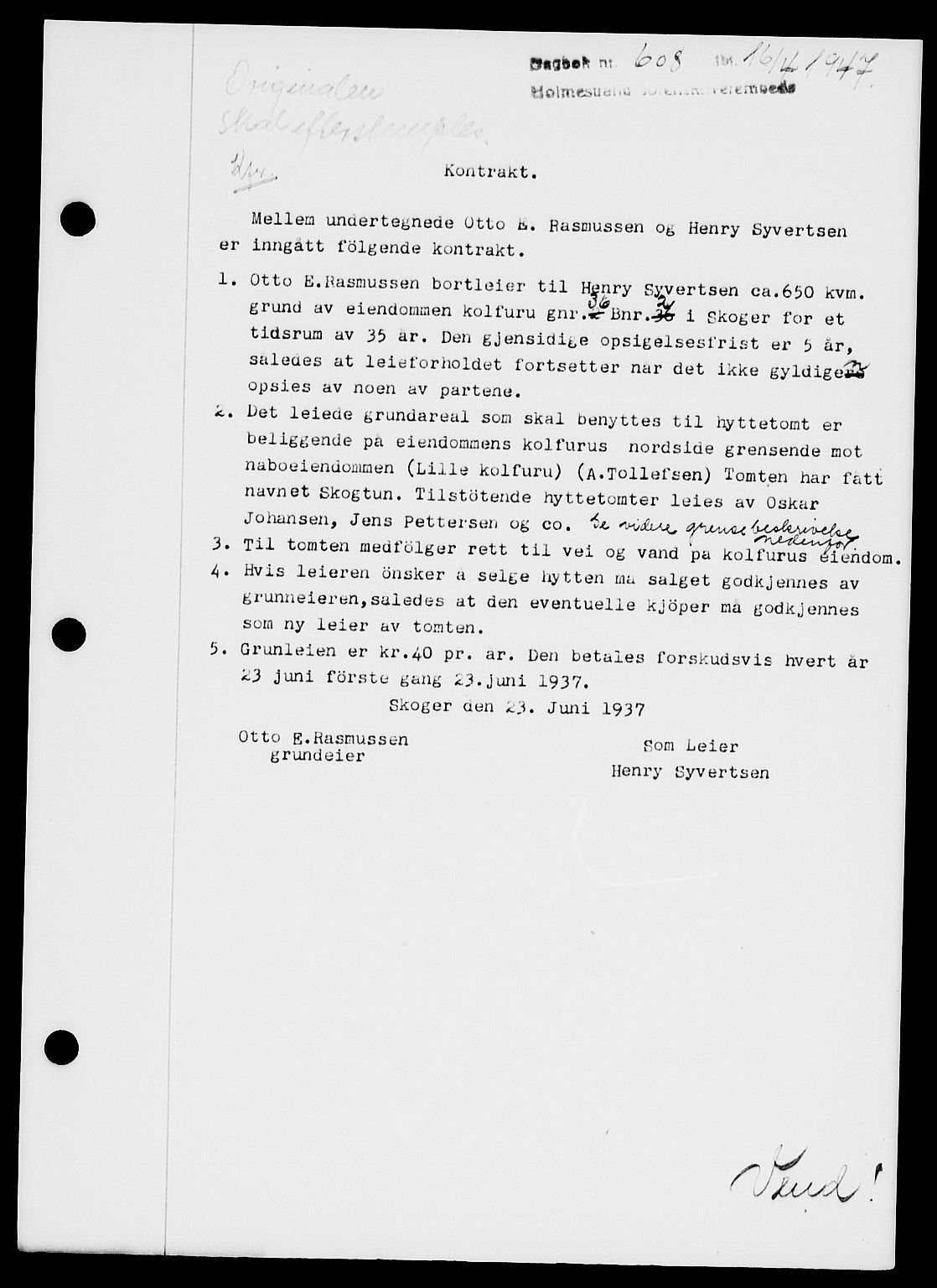 Holmestrand sorenskriveri, SAKO/A-67/G/Ga/Gaa/L0062: Pantebok nr. A-62, 1947-1947, Dagboknr: 608/1947