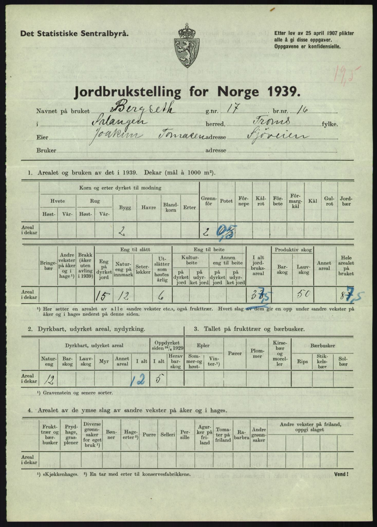 Statistisk sentralbyrå, Næringsøkonomiske emner, Jordbruk, skogbruk, jakt, fiske og fangst, AV/RA-S-2234/G/Gb/L0340: Troms: Salangen og Dyrøy, 1939, s. 438