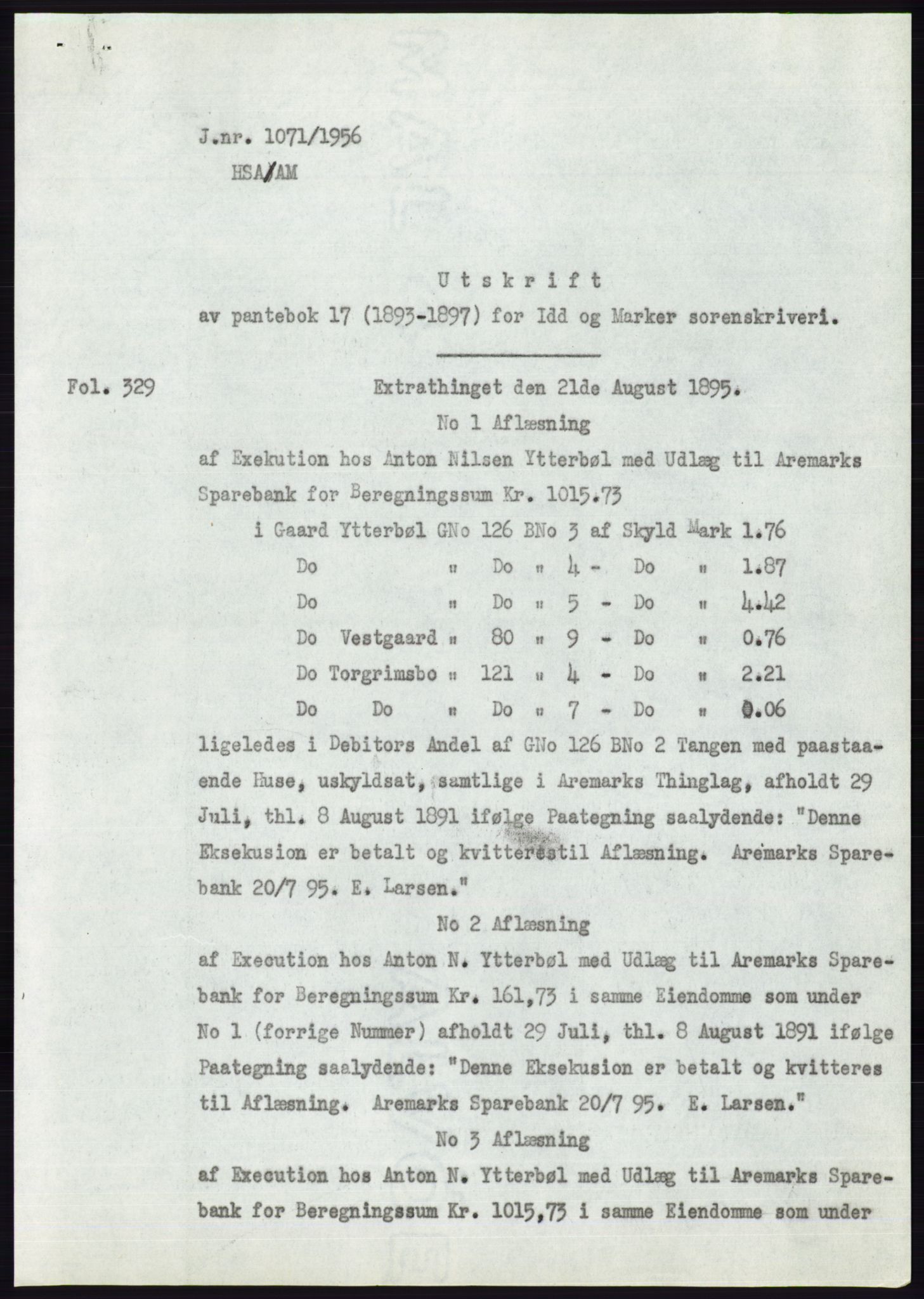 Statsarkivet i Oslo, SAO/A-10621/Z/Zd/L0005: Avskrifter, j.nr 801-1262/1956, 1956, s. 107