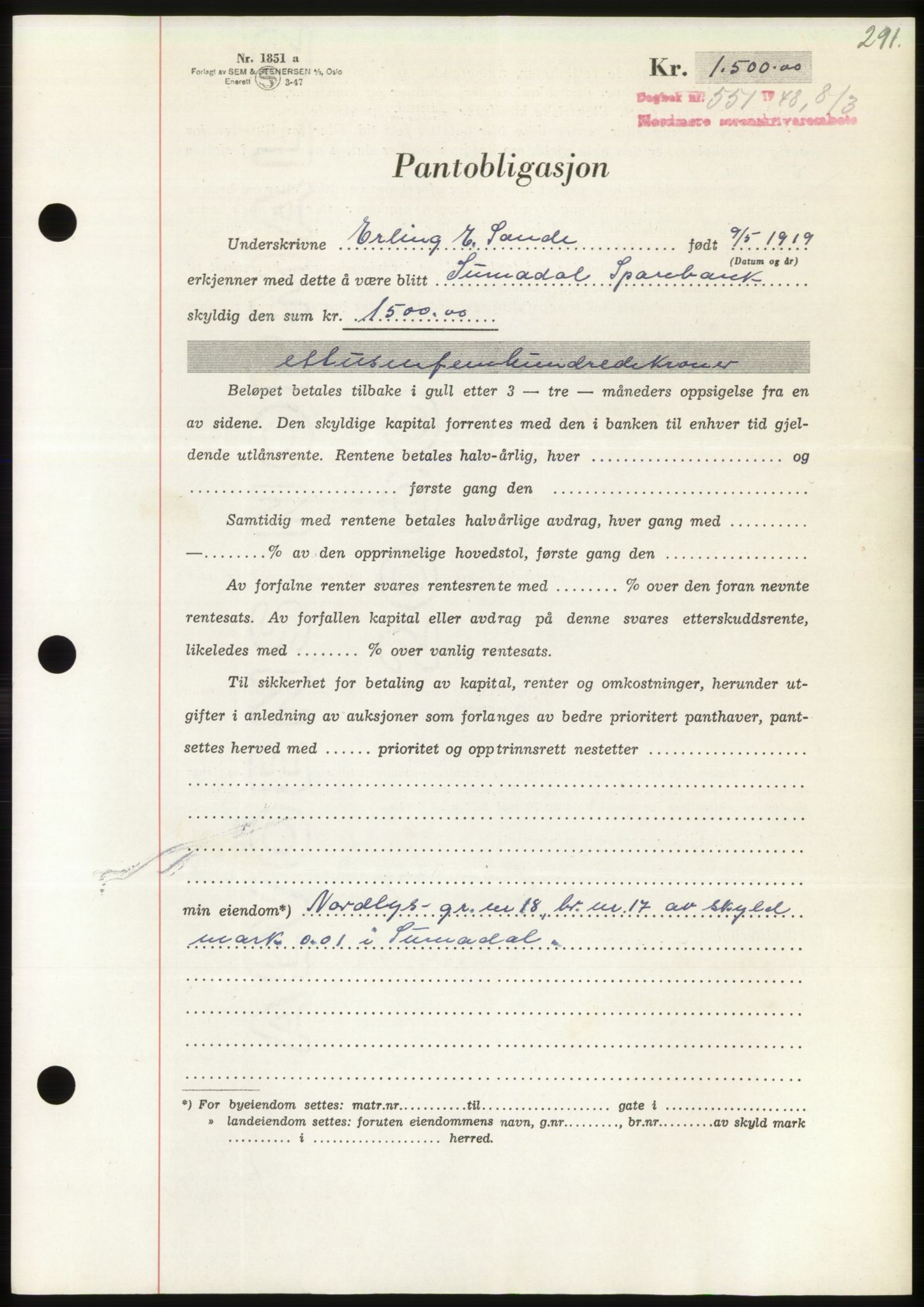 Nordmøre sorenskriveri, SAT/A-4132/1/2/2Ca: Pantebok nr. B98, 1948-1948, Dagboknr: 551/1948