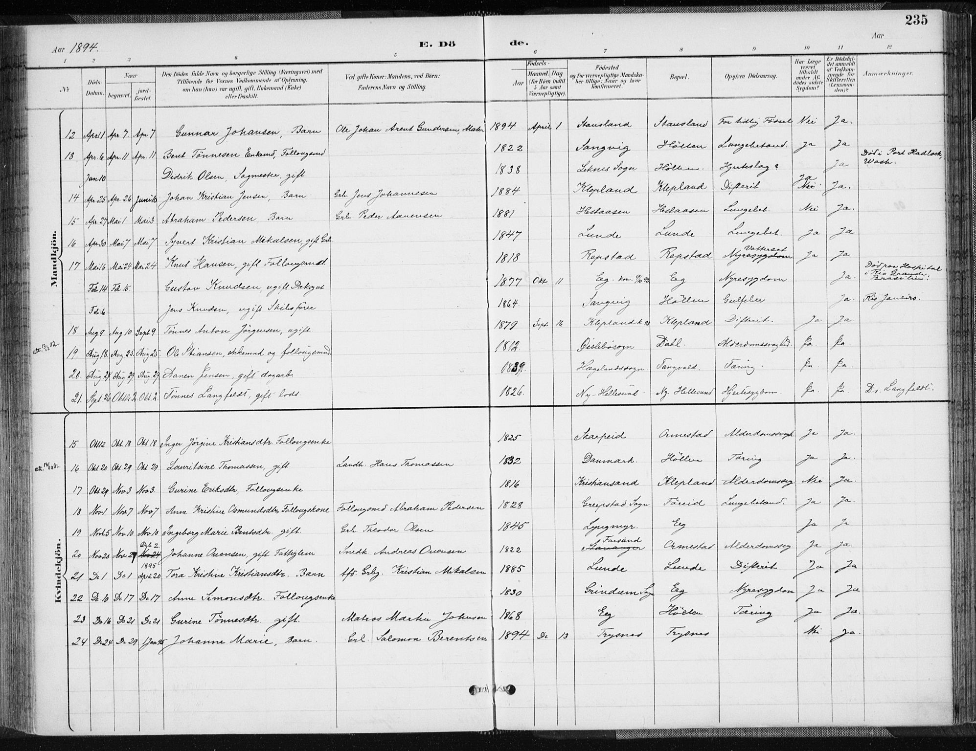 Søgne sokneprestkontor, AV/SAK-1111-0037/F/Fa/Fab/L0013: Ministerialbok nr. A 13, 1892-1911, s. 235