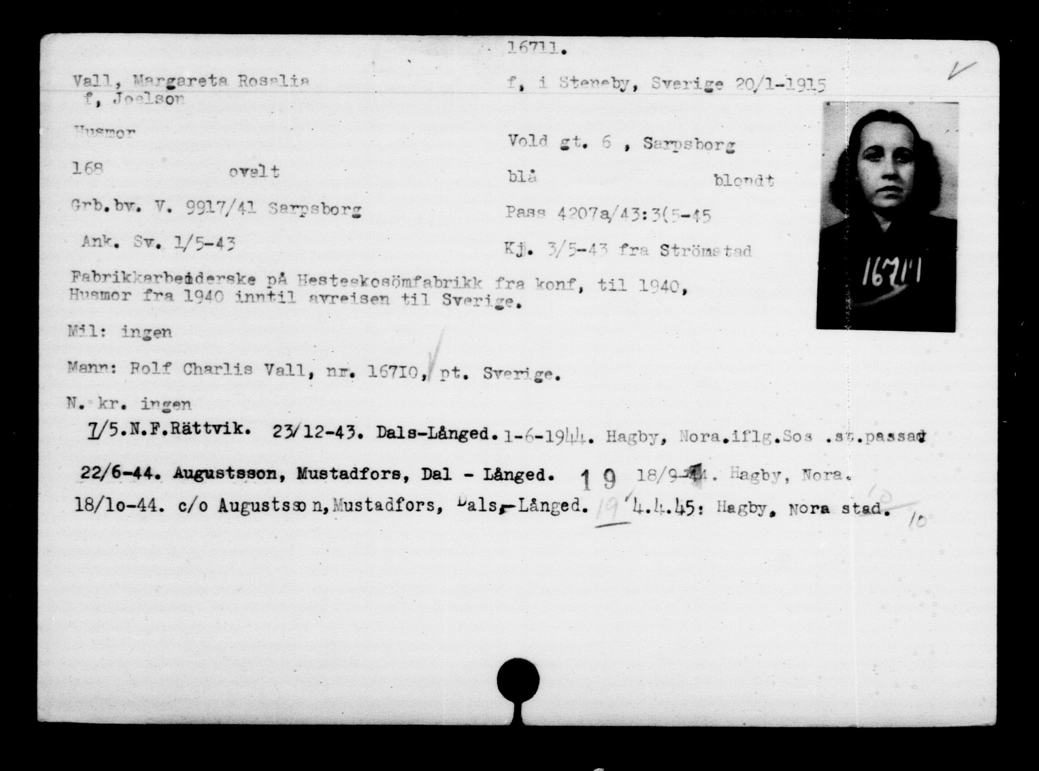 Utenriksstasjonene, Legasjonen i Stockholm, Flyktningkontoret, AV/RA-S-6753/V/Va/L0008: Kjesäterkartoteket, flyktninger med registreringsnr. 15700-18547, 1940-1945, s. 1098