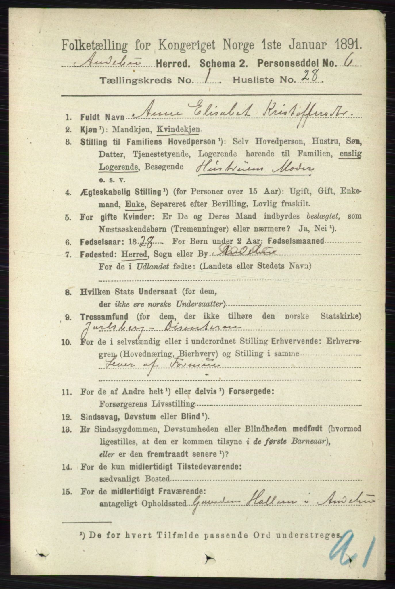 RA, Folketelling 1891 for 0719 Andebu herred, 1891, s. 307