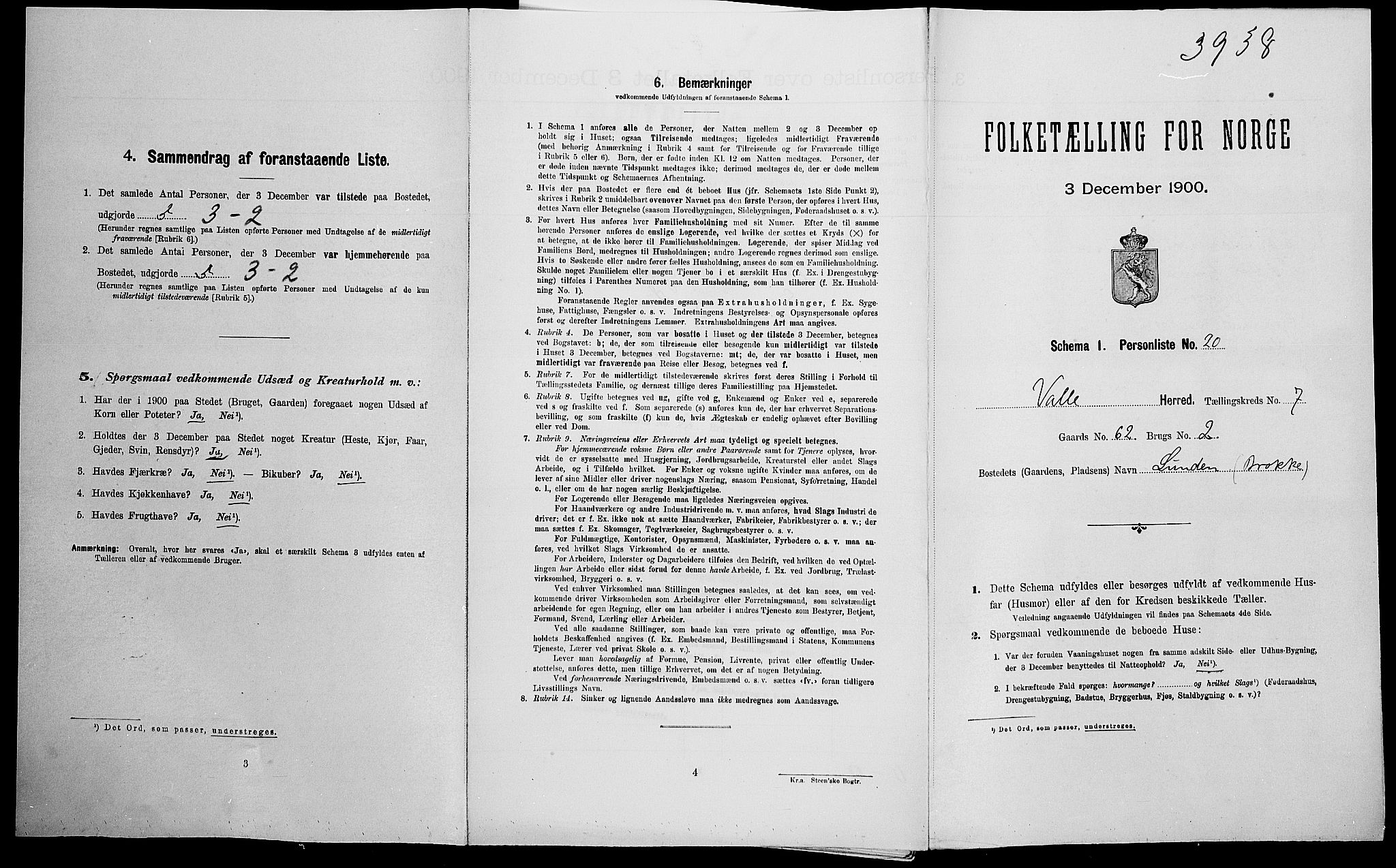 SAK, Folketelling 1900 for 0940 Valle herred, 1900, s. 624