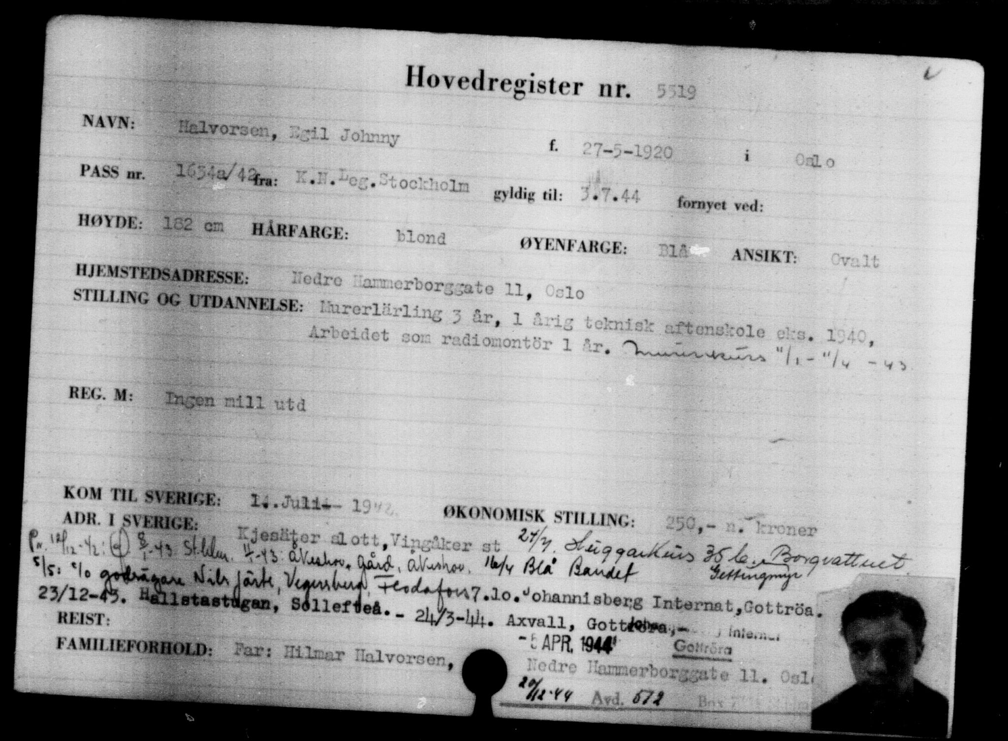 Utenriksstasjonene, Legasjonen i Stockholm, Flyktningkontoret, AV/RA-S-6753/V/Va/L0004: Kjesäterkartoteket, flyktninger med registreringsnr. 3496-6610, 1940-1945, s. 2340