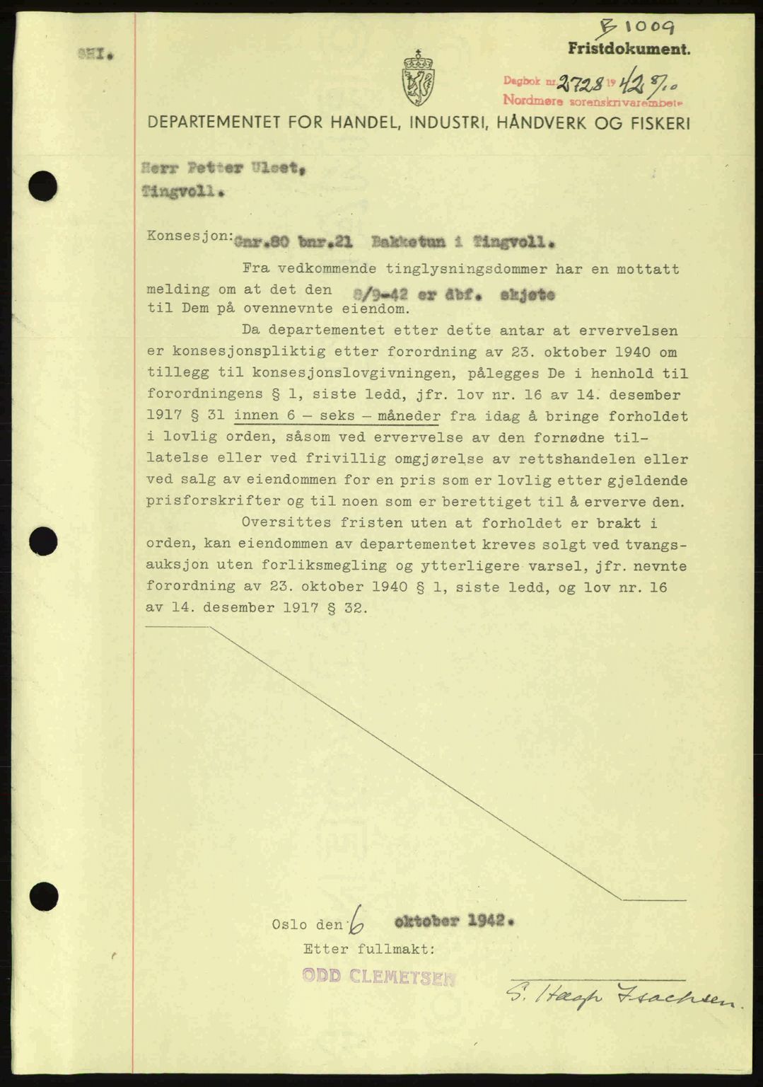 Nordmøre sorenskriveri, AV/SAT-A-4132/1/2/2Ca: Pantebok nr. B89, 1942-1942, Dagboknr: 2728/1942