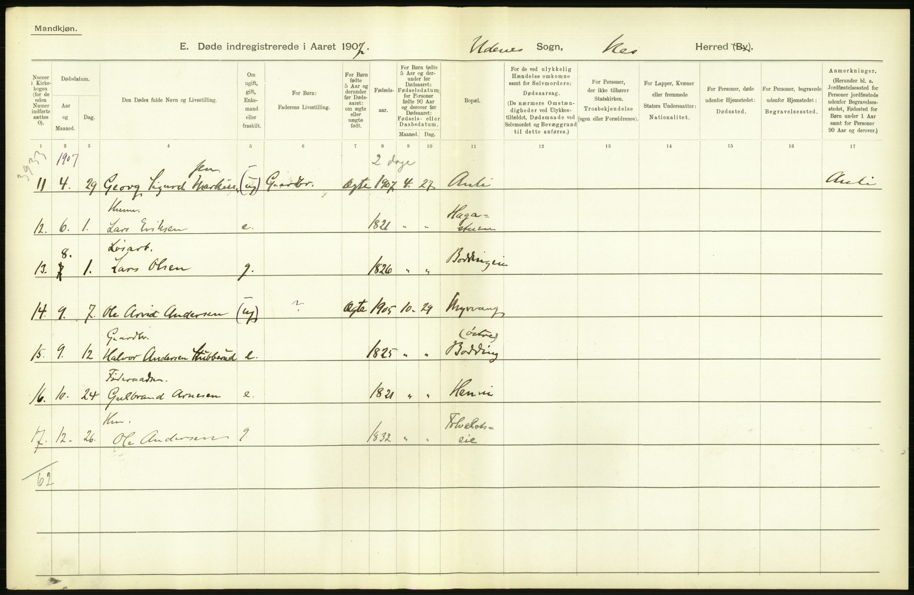 Statistisk sentralbyrå, Sosiodemografiske emner, Befolkning, AV/RA-S-2228/D/Df/Dfa/Dfae/L0005: Akershus amt: Gifte, døde. Bygder og byer., 1907, s. 204