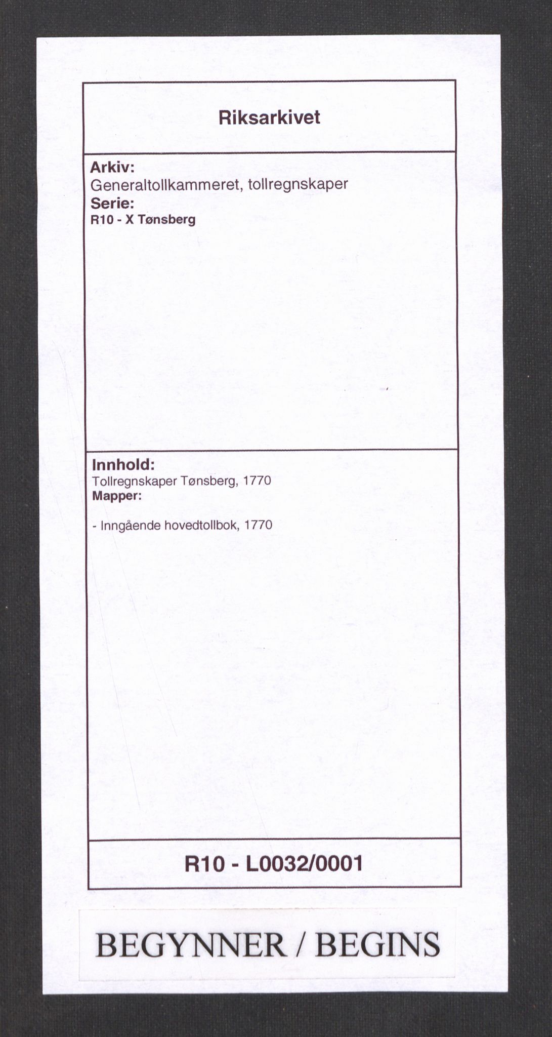 Generaltollkammeret, tollregnskaper, AV/RA-EA-5490/R10/L0017/0001: Tollregnskaper Tønsberg / Inngående hovedtollbok, 1770