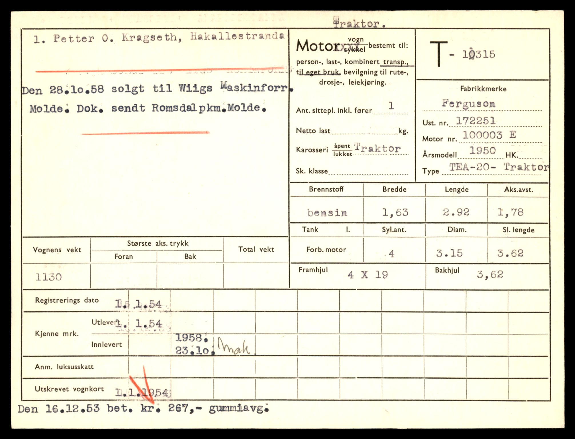 Møre og Romsdal vegkontor - Ålesund trafikkstasjon, AV/SAT-A-4099/F/Fe/L0019: Registreringskort for kjøretøy T 10228 - T 10350, 1927-1998, s. 2207